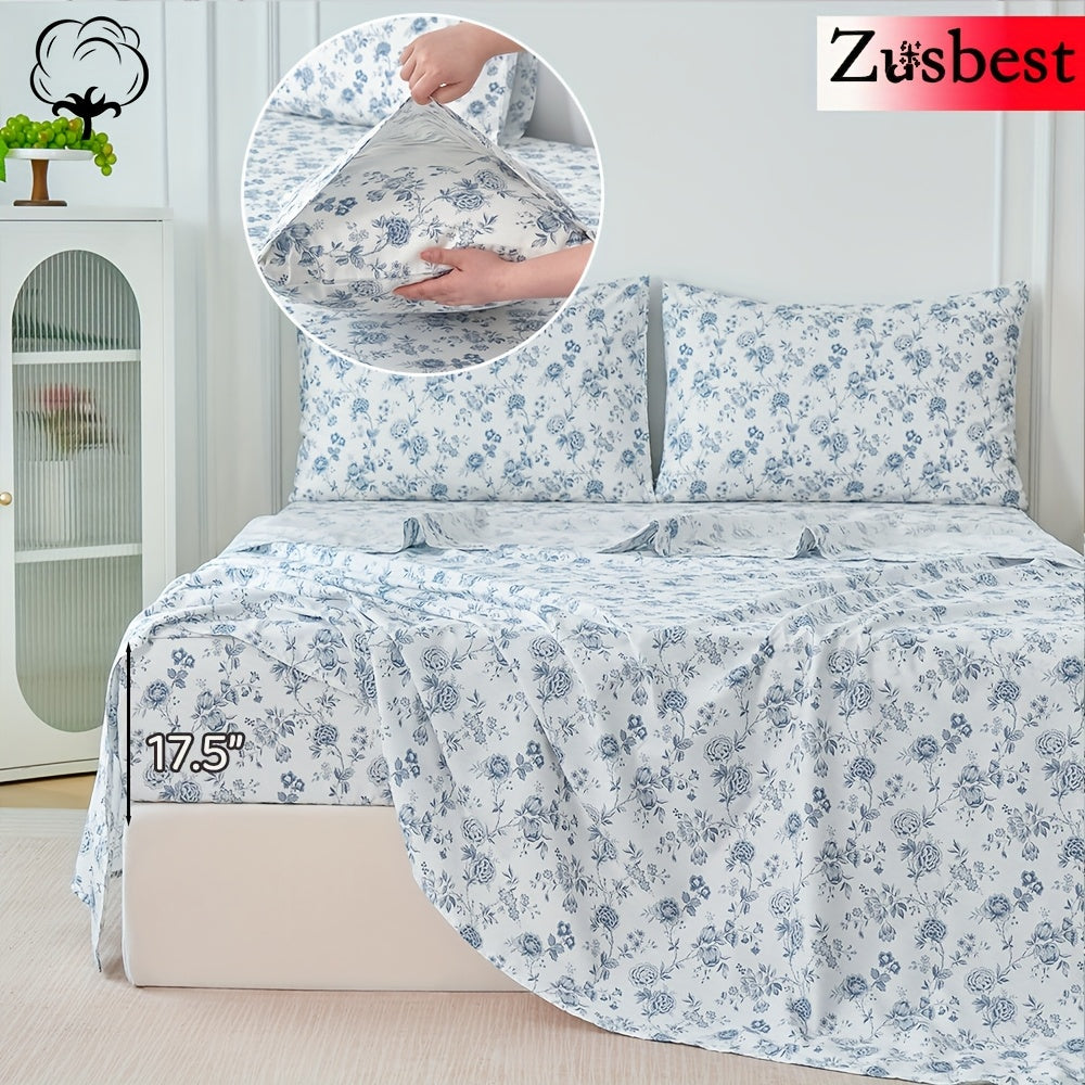 Zusbest 4pcs 100% Cotton Floral Bed Sheets Set Cotton Luxury toile Sheets Light Blue French Country Bedding, Soft Crisp, Flower Pattern Shabby Vintage Deep Pocket Fitted Sheet 17.5'' for All Season, Full\u002FQueen\u002FKing\u002FCal King