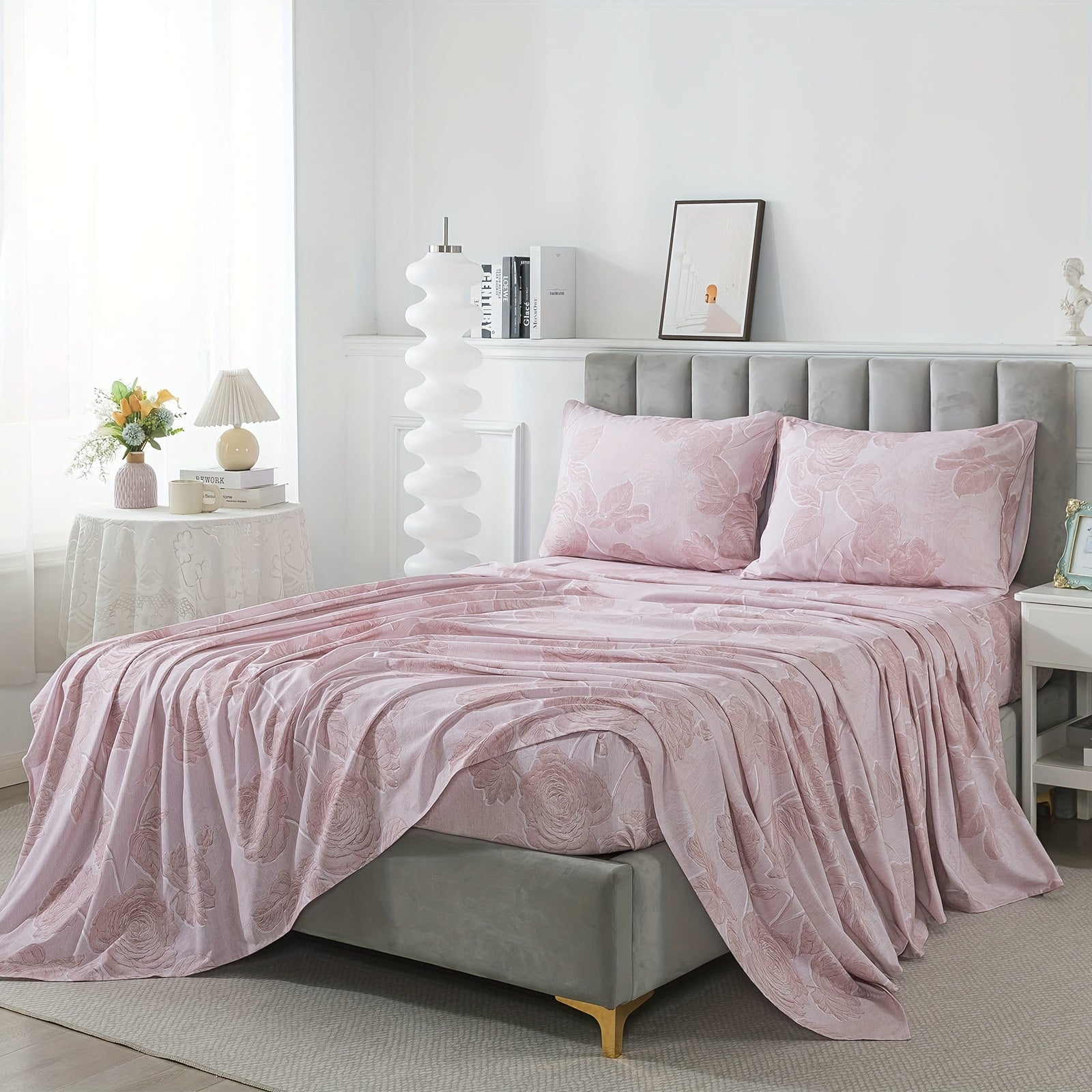 Pink Vintage Floral Sheets Set 100% Brushed Cotton Shabby Rose Flower Pattern Bedding Set Deep Pocket Sheets With 2 Pillowcases Luxury Breathable Soft 4pcs