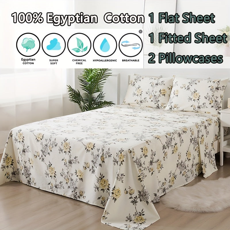 4pcs Floral Sheets Set Vintage Rose Floral Bedding Shabby Grey and Yellow Peony Sheets Elegant Farmhouse Bedding 800 Thread Count 100% Egyptian Soft Deep Pocket Fitted Sheet High Quality All Season