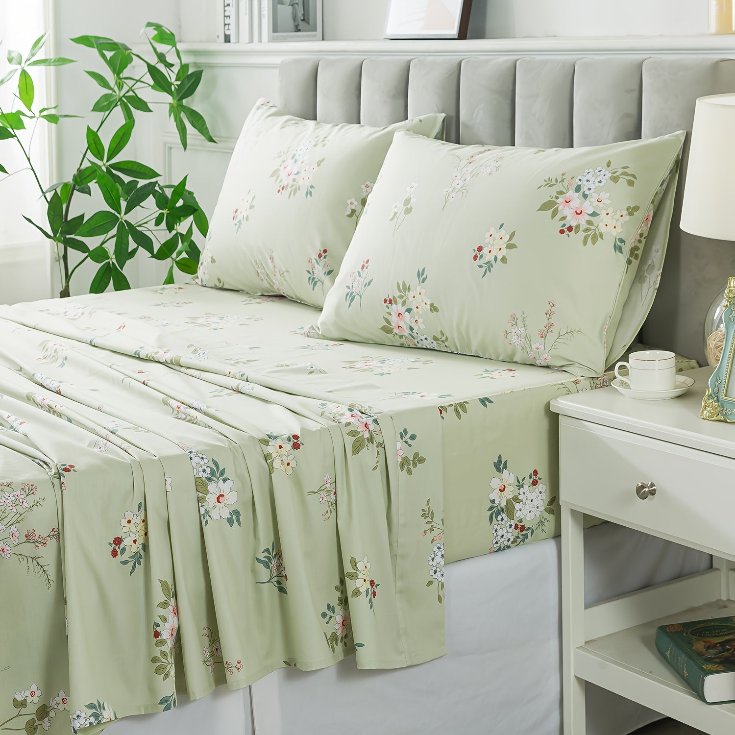 Floral Bed Sheet Set Percale Cotton Shabby Vintage Chic Rose Deep Pocket Sheets Sage Green Flower Printed Luxury Bedding Super Soft Breathable 4pcs