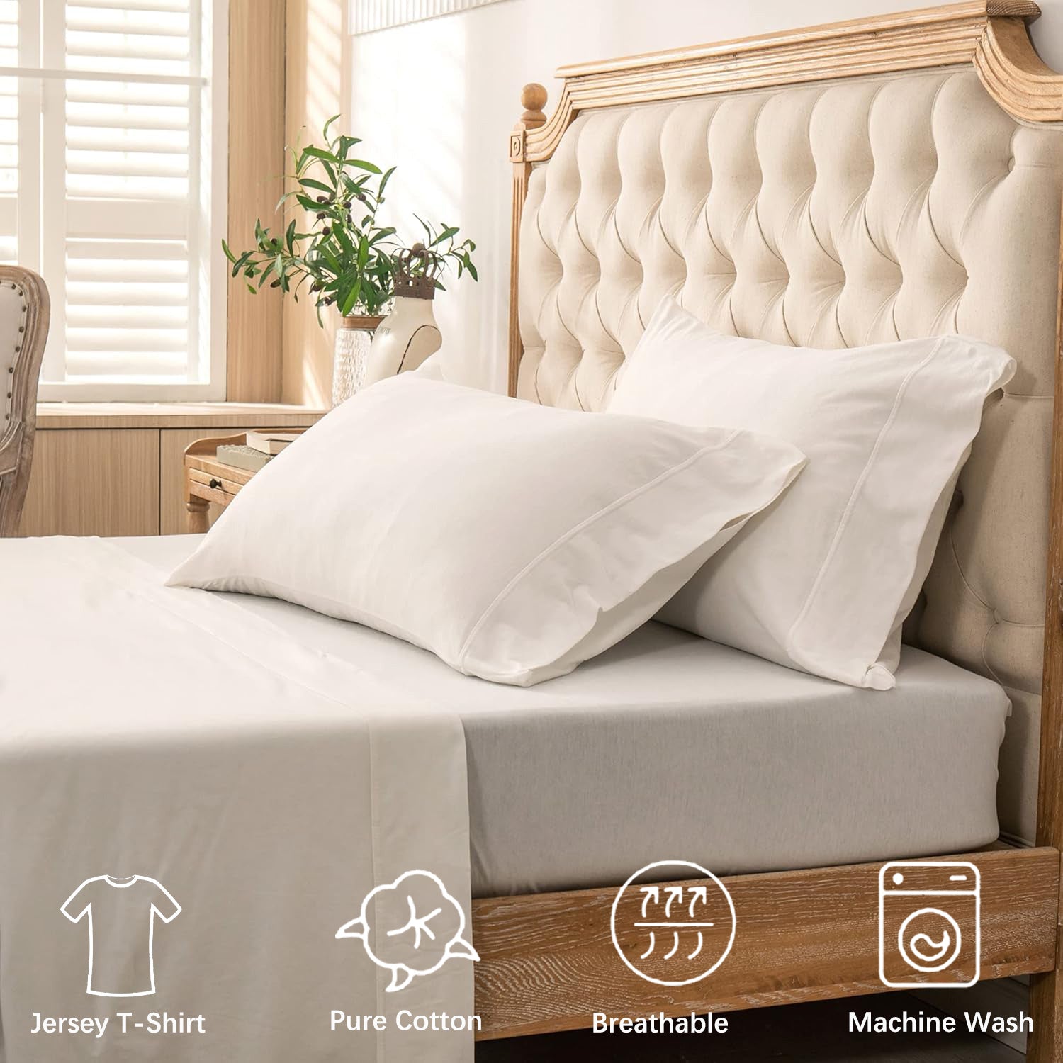 4-Piece Jersey Knit Fitted Sheet Set ( 1*Deep Pocket Flat Sheet + 1* Fitted Sheet + 2*Pillowcases, Without Core) - 100% T-Shirt Cotton,, Ultra-Soft .Machine Washable,Breathable, Comfortable, For Bedroom, Guest Room (Q\u002FK