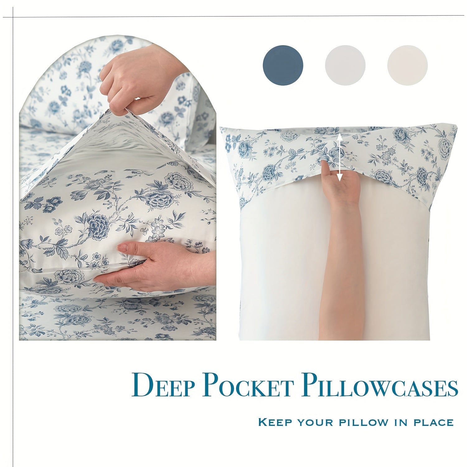 Zusbest 4pcs 100% Cotton Floral Bed Sheets Set Cotton Luxury toile Sheets Light Blue French Country Bedding, Soft Crisp, Flower Pattern Shabby Vintage Deep Pocket Fitted Sheet 17.5'' for All Season, Full\u002FQueen\u002FKing\u002FCal King