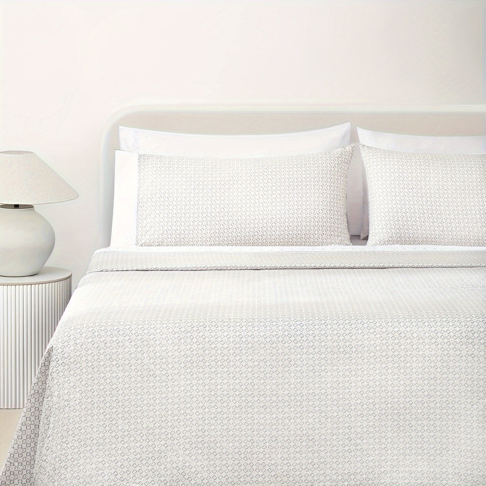 300TC Luxury Geometric Print Cotton Sheet Set for Queen\u002FKing Size Bed, 4 Pcs Double Satin Embroidery Bed Sheets, 15\