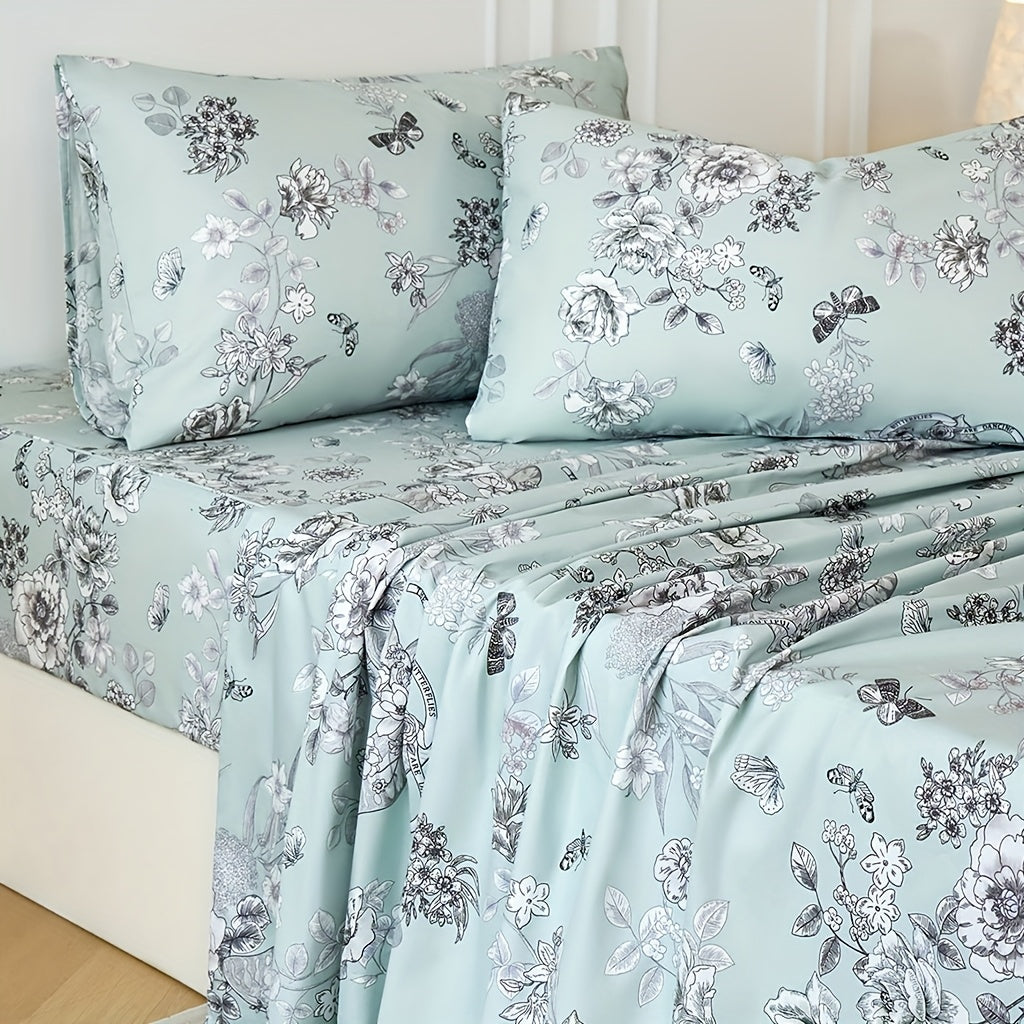 Zusbest 4pcs 100% Cotton Floral Bed Sheets Set Cotton Luxury Toile Sheets Light Green French Country Bedding, Soft Crisp, Butterfly Pattern Shabby Vintage Deep Pocket Fitted Sheet 17.5'' for All Season, Full\u002FQueen\u002FKing\u002FCal King