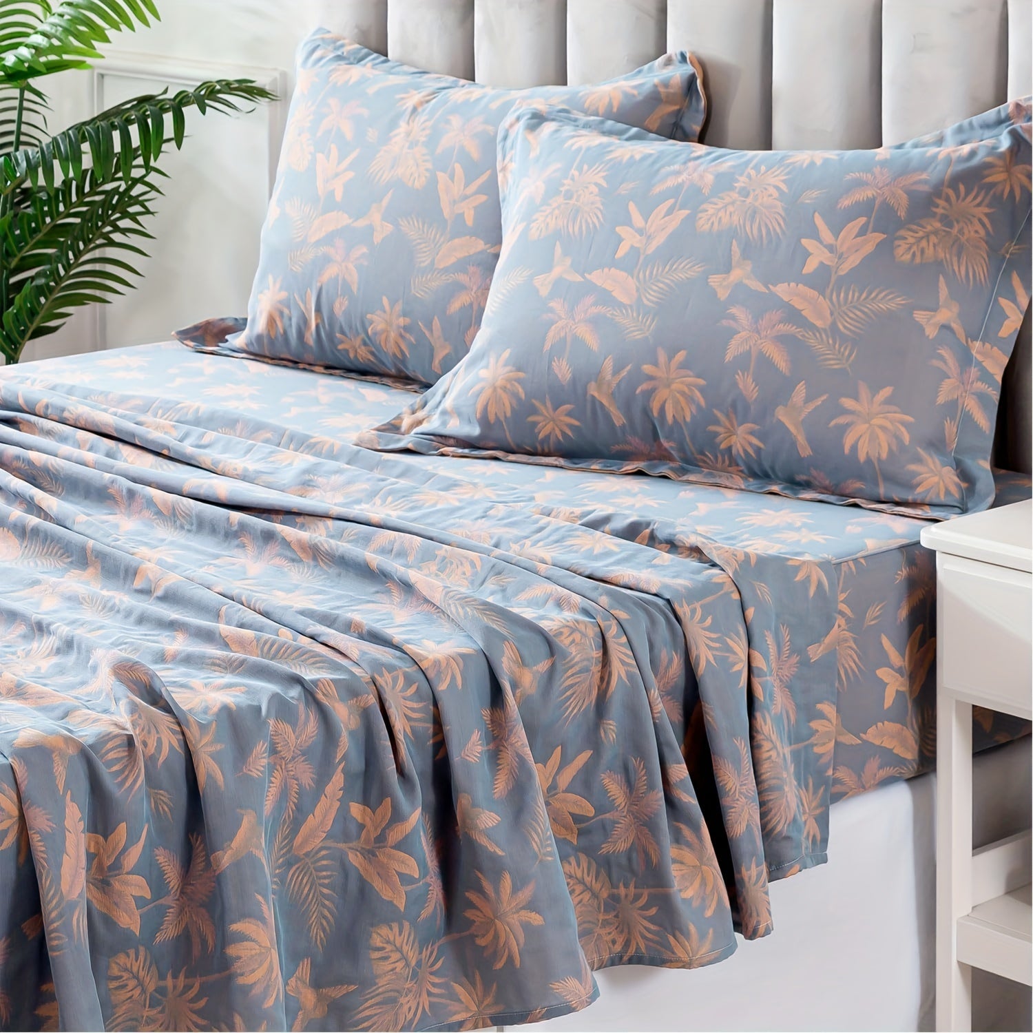 100% Cotton Double Gauze Floral Sheets Set Dirty Blue Tropical Bird Bed Sheet Shabby Vintage Bedding Orange Coconut Tree Printed Deep Pocket Sheets Luxury Soft Breathable, 4pcs