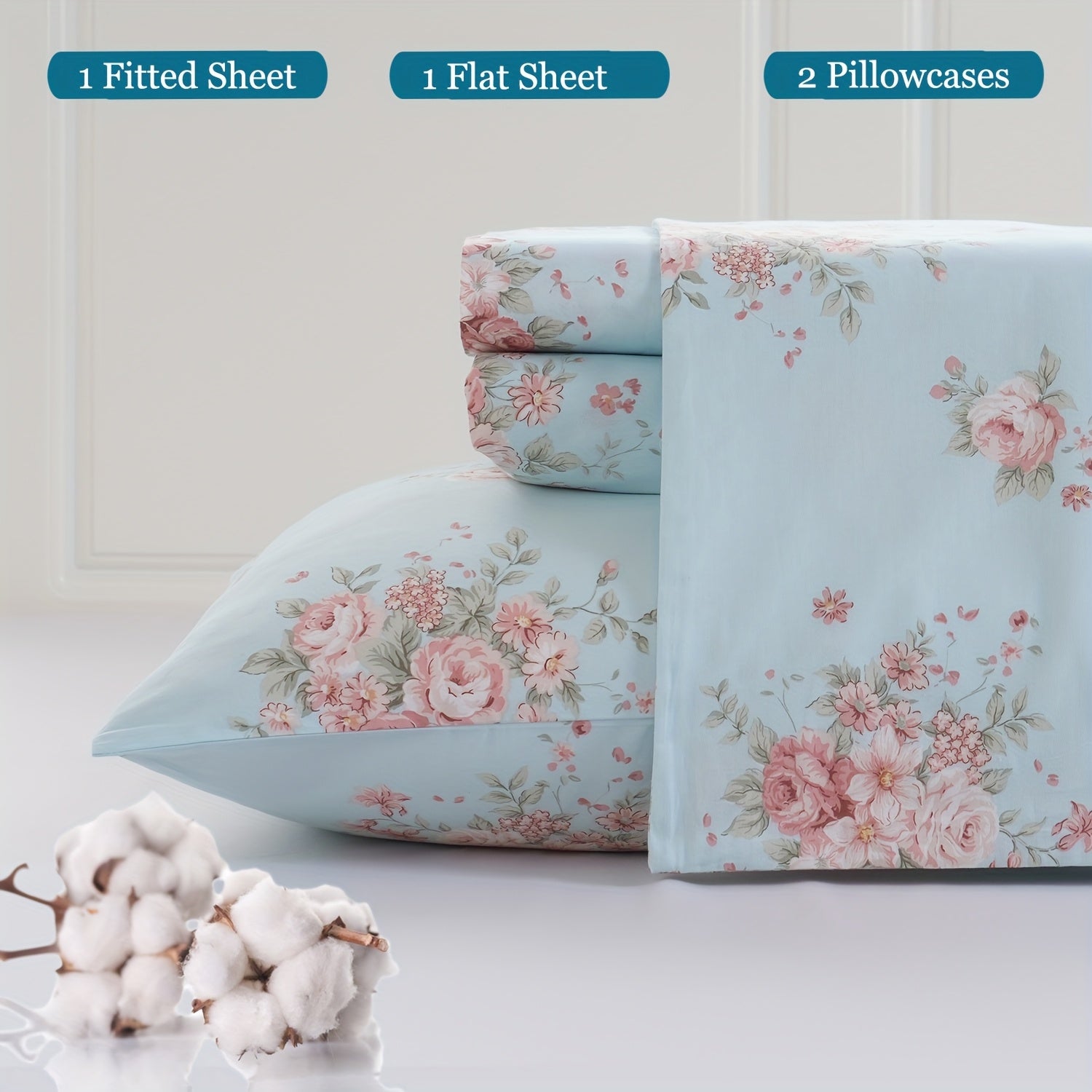 Zusbest 4pcs 100% Cotton Blue Floral Bed Sheets Set Luxury Shabby French Country Pink Flower Printed Deep Pocket Fitted Sheet For All Season, Soft Breathable Crisp For Hot Sleeper, Full\u002FQueen\u002FKing\u002FCal King