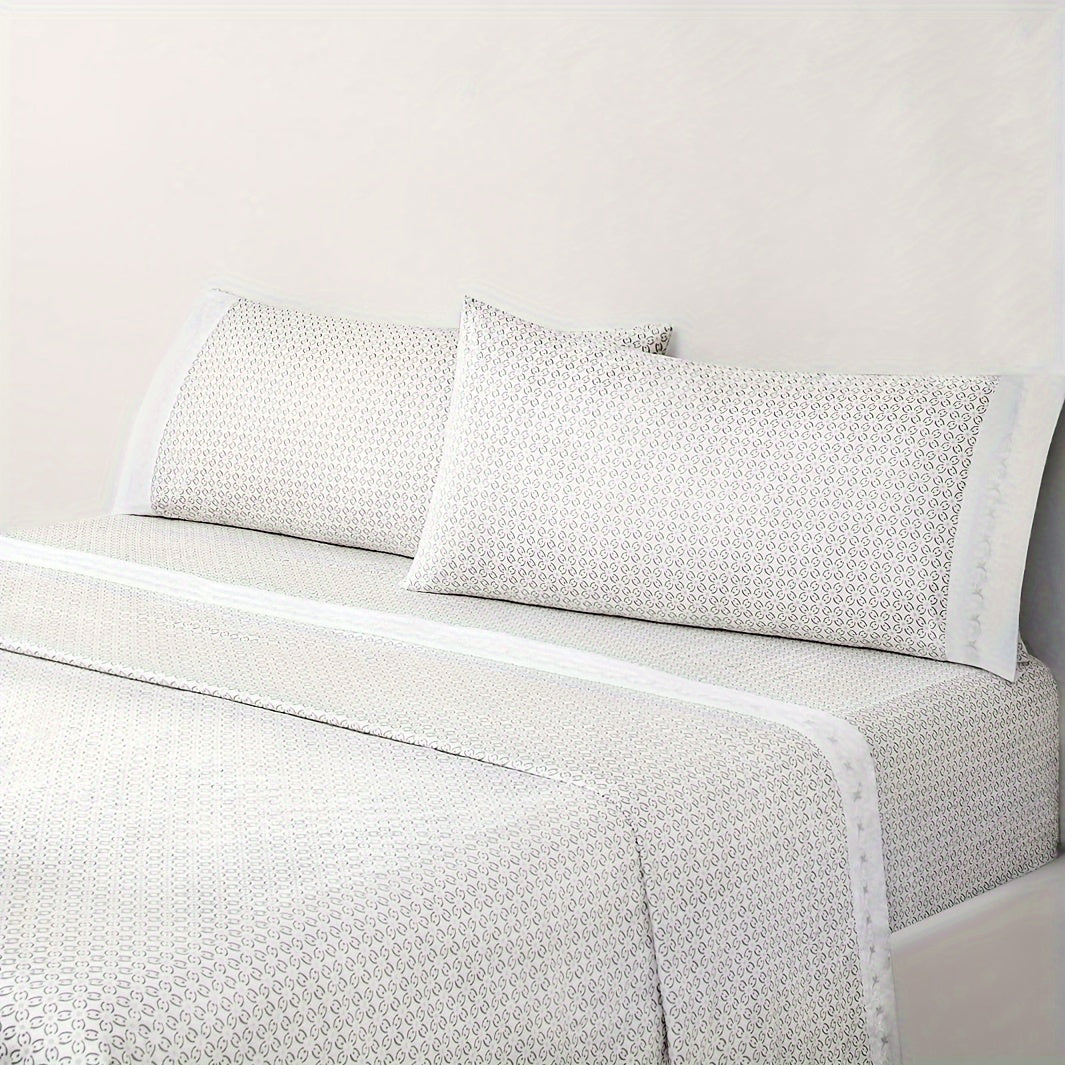300TC Luxury Geometric Print Cotton Sheet Set for Queen\u002FKing Size Bed, 4 Pcs Double Satin Embroidery Bed Sheets, 15\