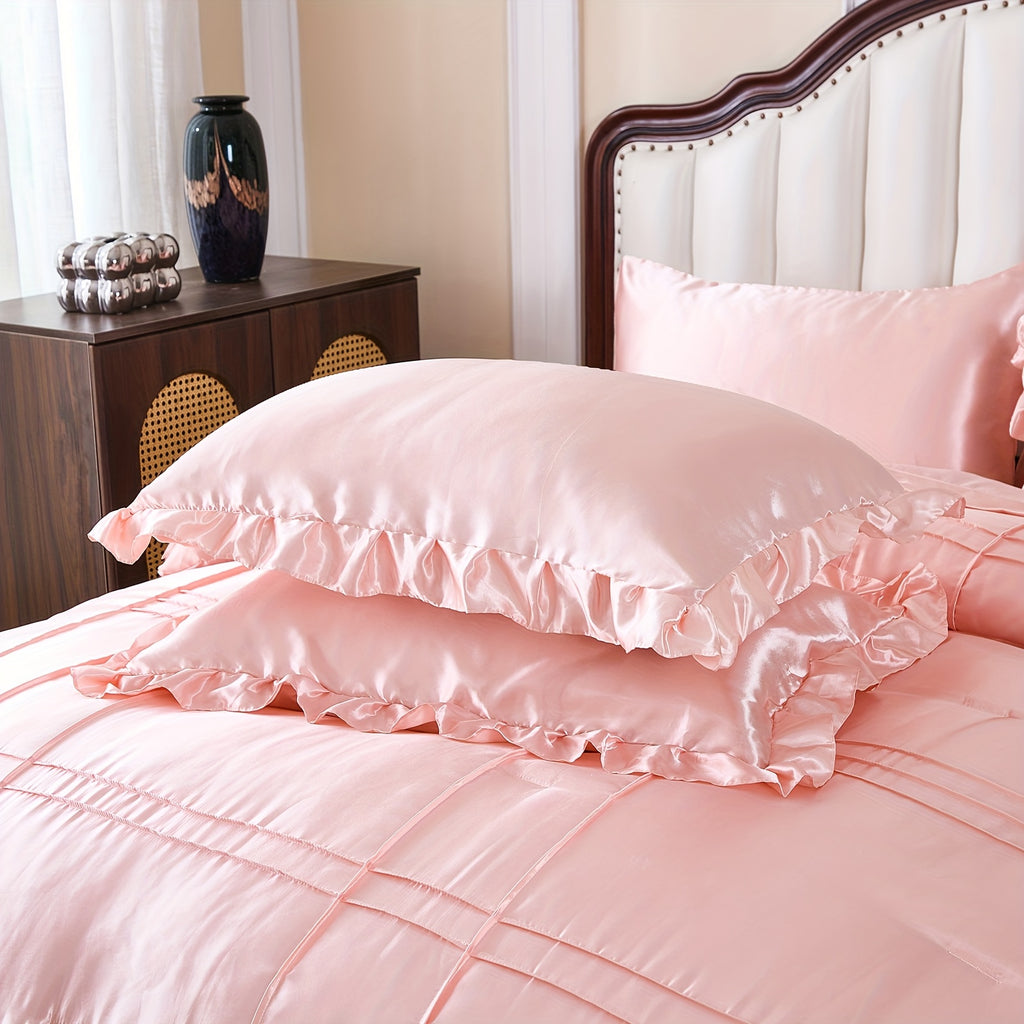 Pink Silky Comforter Set, Queen Size 8pcs Grid Pleated Ruffle Silky Like Bed In A Bag Bedding