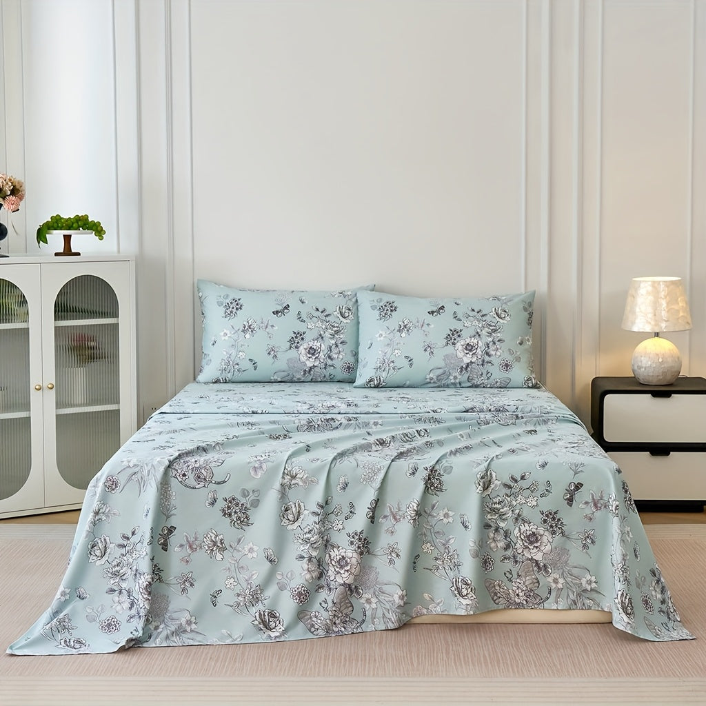 Zusbest 4pcs 100% Cotton Floral Bed Sheets Set Cotton Luxury Toile Sheets Light Green French Country Bedding, Soft Crisp, Butterfly Pattern Shabby Vintage Deep Pocket Fitted Sheet 17.5'' for All Season, Full\u002FQueen\u002FKing\u002FCal King