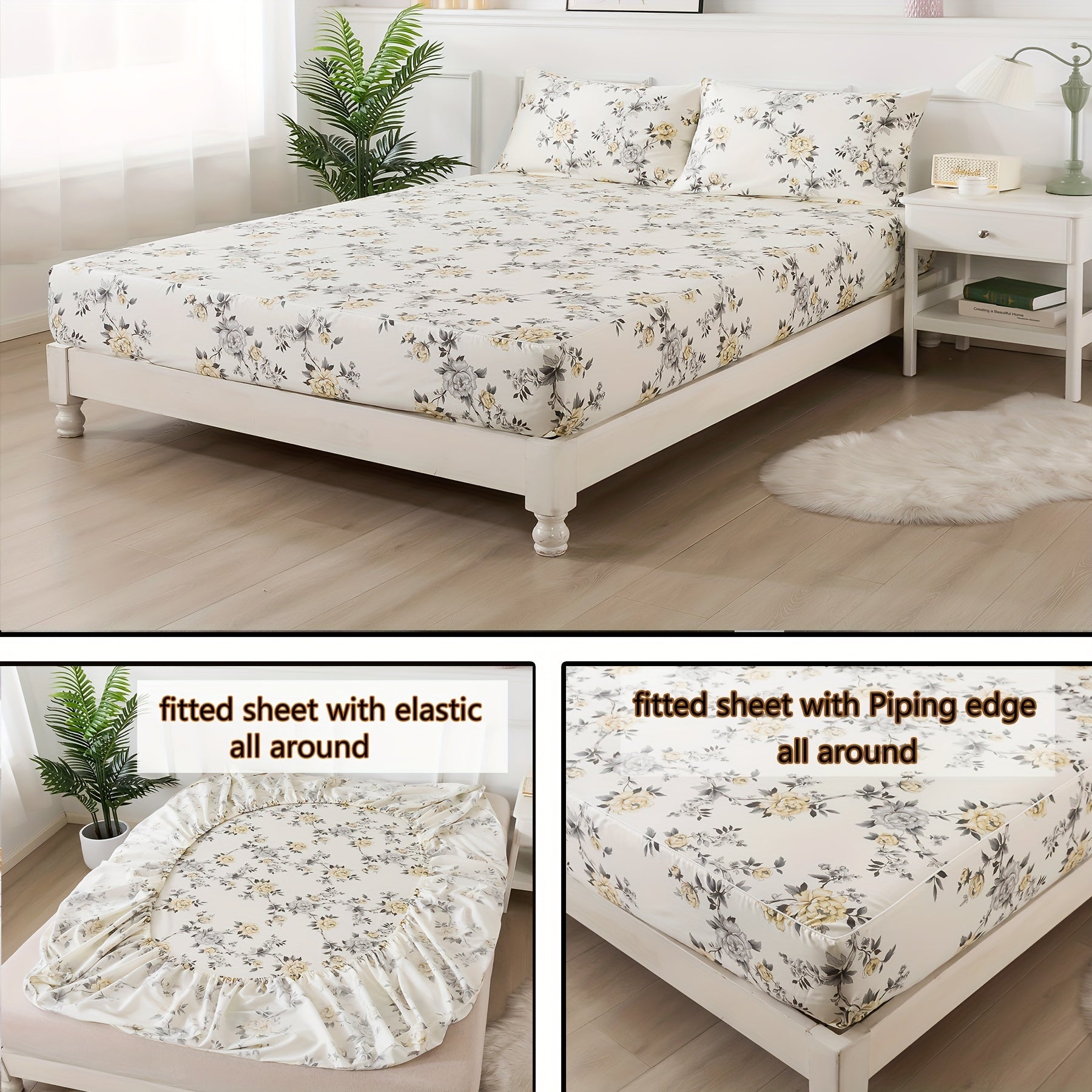 4pcs Floral Sheets Set Vintage Rose Floral Bedding Shabby Grey and Yellow Peony Sheets Elegant Farmhouse Bedding 800 Thread Count 100% Egyptian Soft Deep Pocket Fitted Sheet High Quality All Season