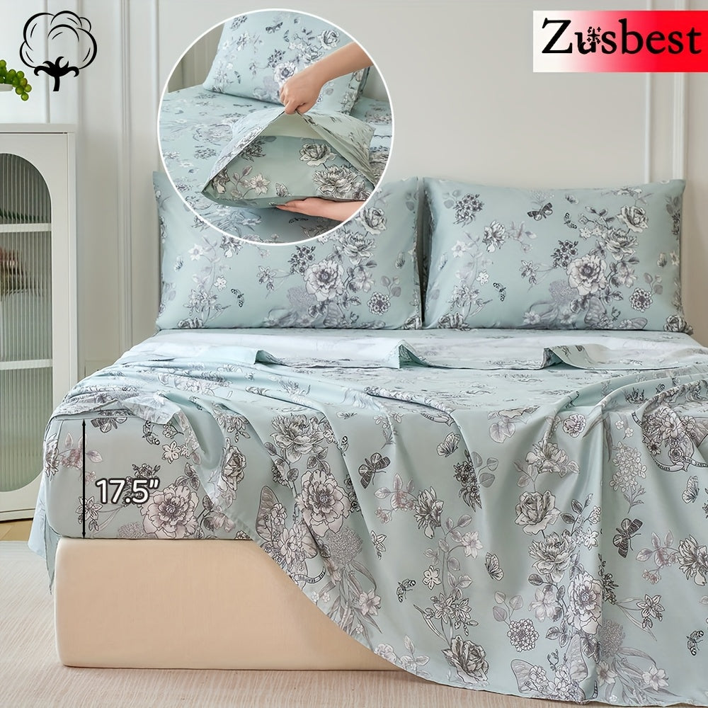 Zusbest 4pcs 100% Cotton Floral Bed Sheets Set Cotton Luxury Toile Sheets Light Green French Country Bedding, Soft Crisp, Butterfly Pattern Shabby Vintage Deep Pocket Fitted Sheet 17.5'' for All Season, Full\u002FQueen\u002FKing\u002FCal King