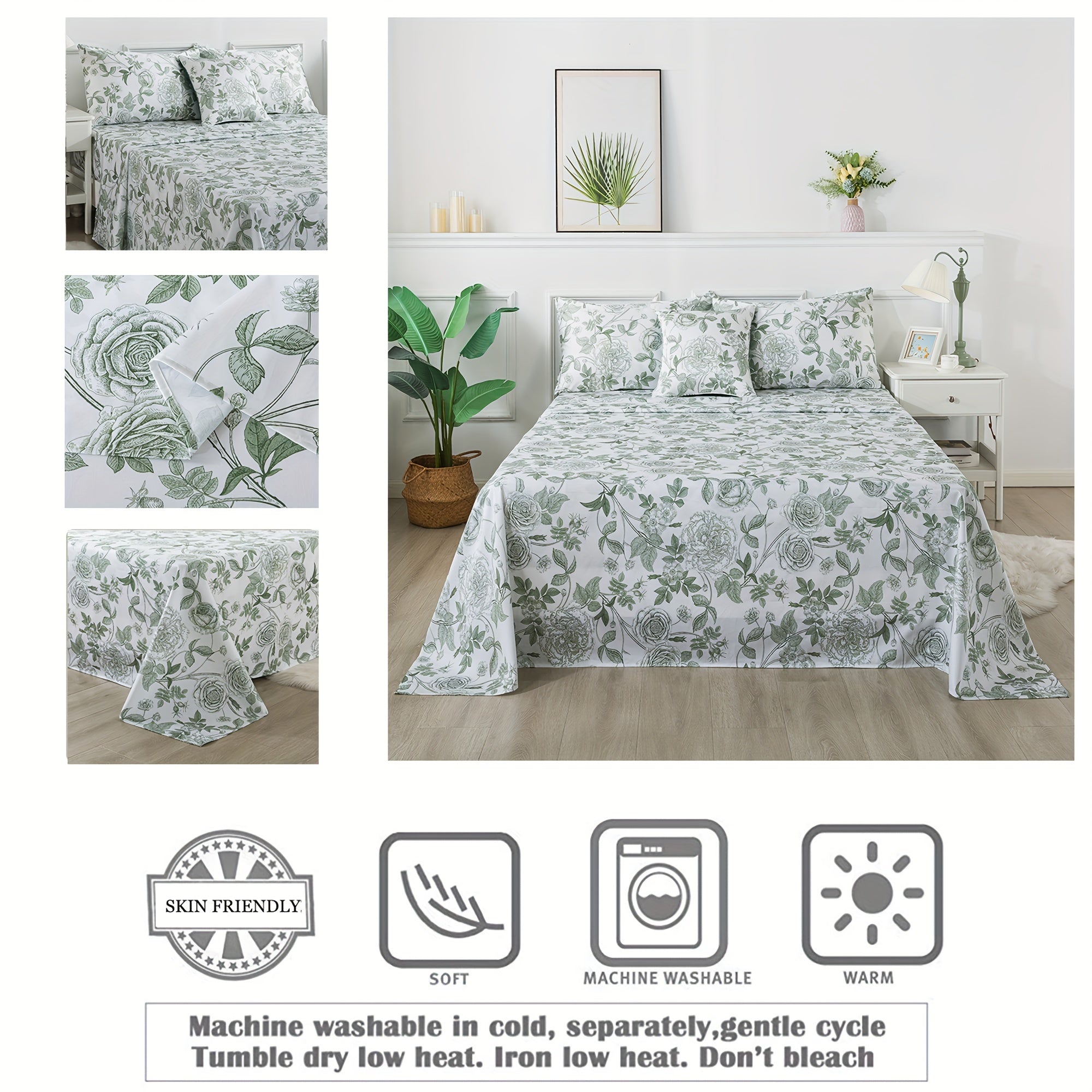 Elegant Peony Floral 4pcs Bedding Set - Soft & Breathable 100% Egyptian Cotton, Deep Pocket Fitted Sheet and Pillowcases (1 Flat Sheet + 2 Pillowcases) - Vintage White & Green, Perfect for All Seasons, Machine Washable, Twin Size