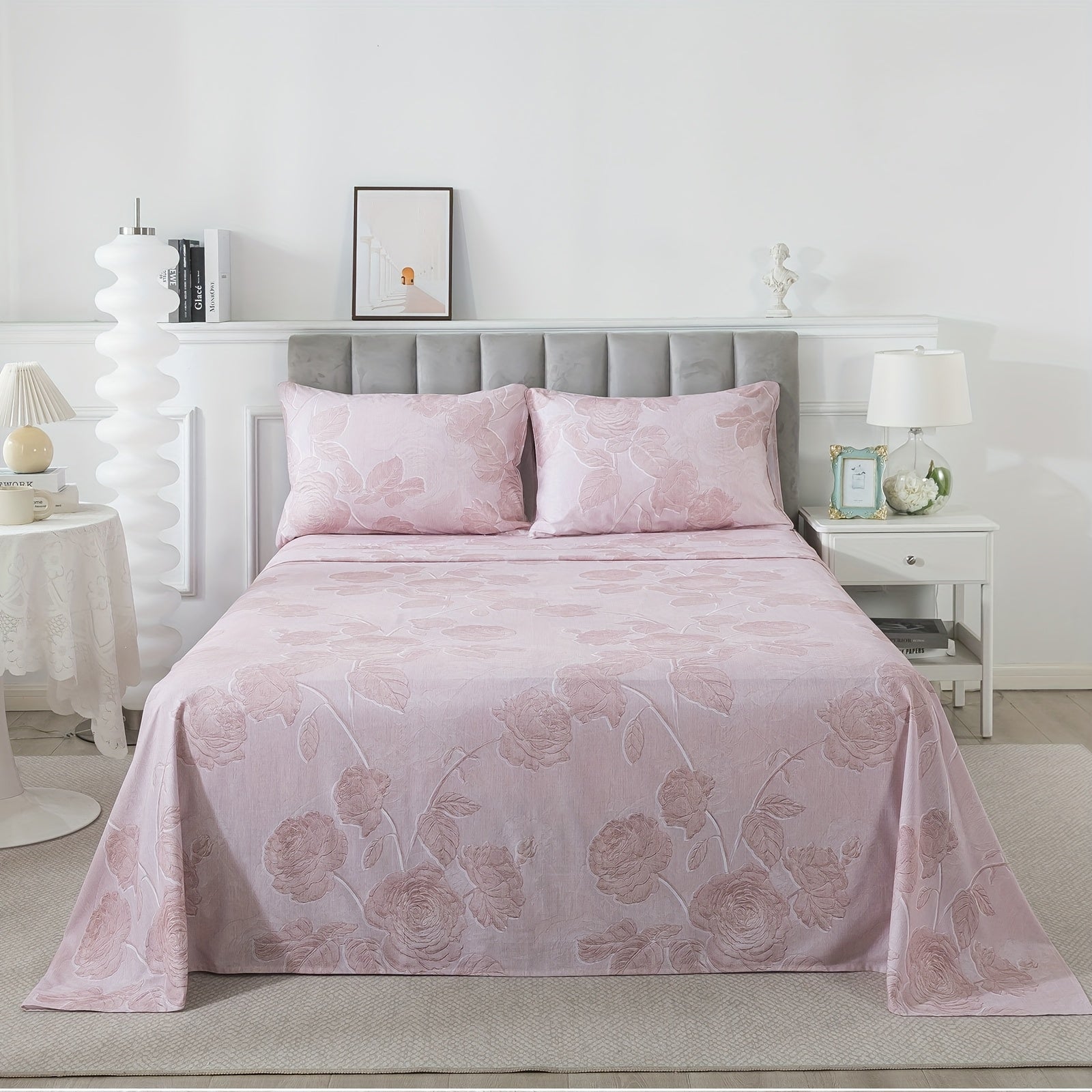Pink Vintage Floral Sheets Set 100% Brushed Cotton Shabby Rose Flower Pattern Bedding Set Deep Pocket Sheets With 2 Pillowcases Luxury Breathable Soft 4pcs