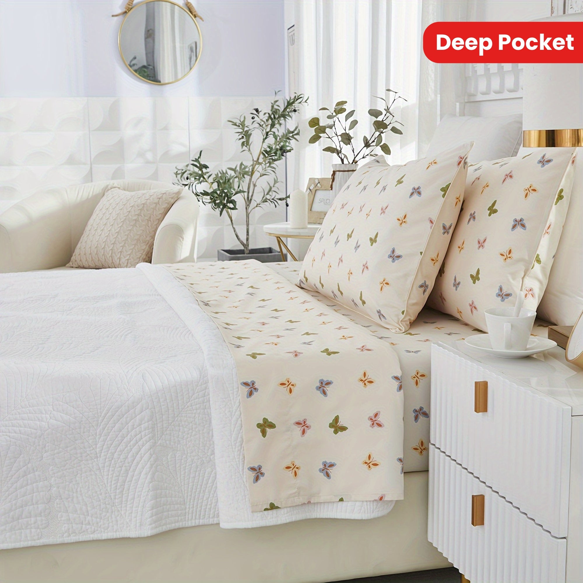 4pcs 600TC 100% Egyptian Cotton Fitted Sheet Set (1*Fitted Sheet+1*Flat Sheet+2*Pillowcase, Without Core), Luxury Colorful Butterfly Shabby Chic Bedding Set, For Guest Room Student Dorm All Seasons