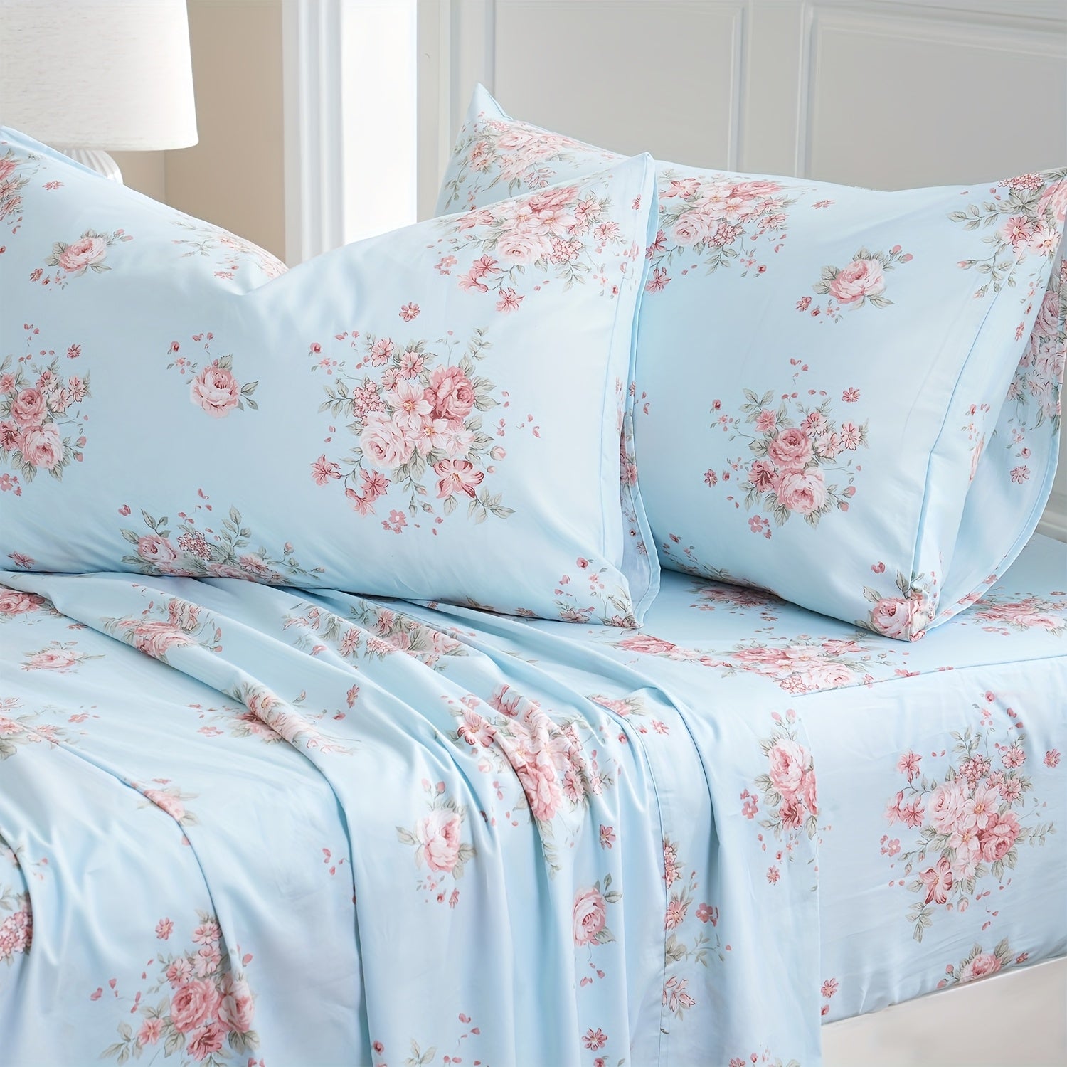 Zusbest 4pcs 100% Cotton Blue Floral Bed Sheets Set Luxury Shabby French Country Pink Flower Printed Deep Pocket Fitted Sheet For All Season, Soft Breathable Crisp For Hot Sleeper, Full\u002FQueen\u002FKing\u002FCal King