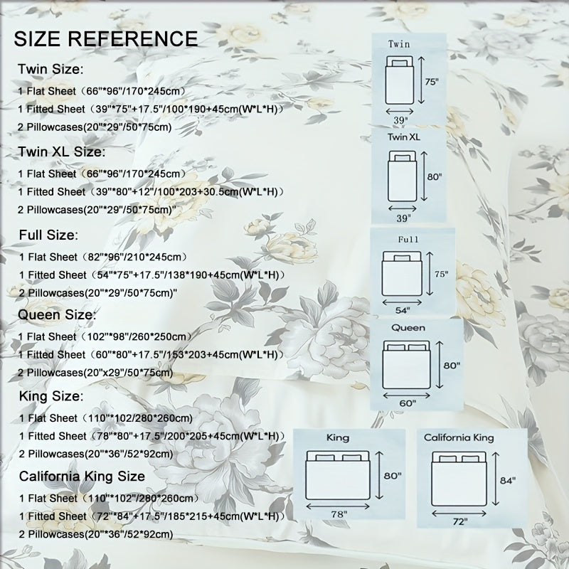 4pcs Floral Sheets Set Vintage Rose Floral Bedding Shabby Grey and Yellow Peony Sheets Elegant Farmhouse Bedding 800 Thread Count 100% Egyptian Soft Deep Pocket Fitted Sheet High Quality All Season