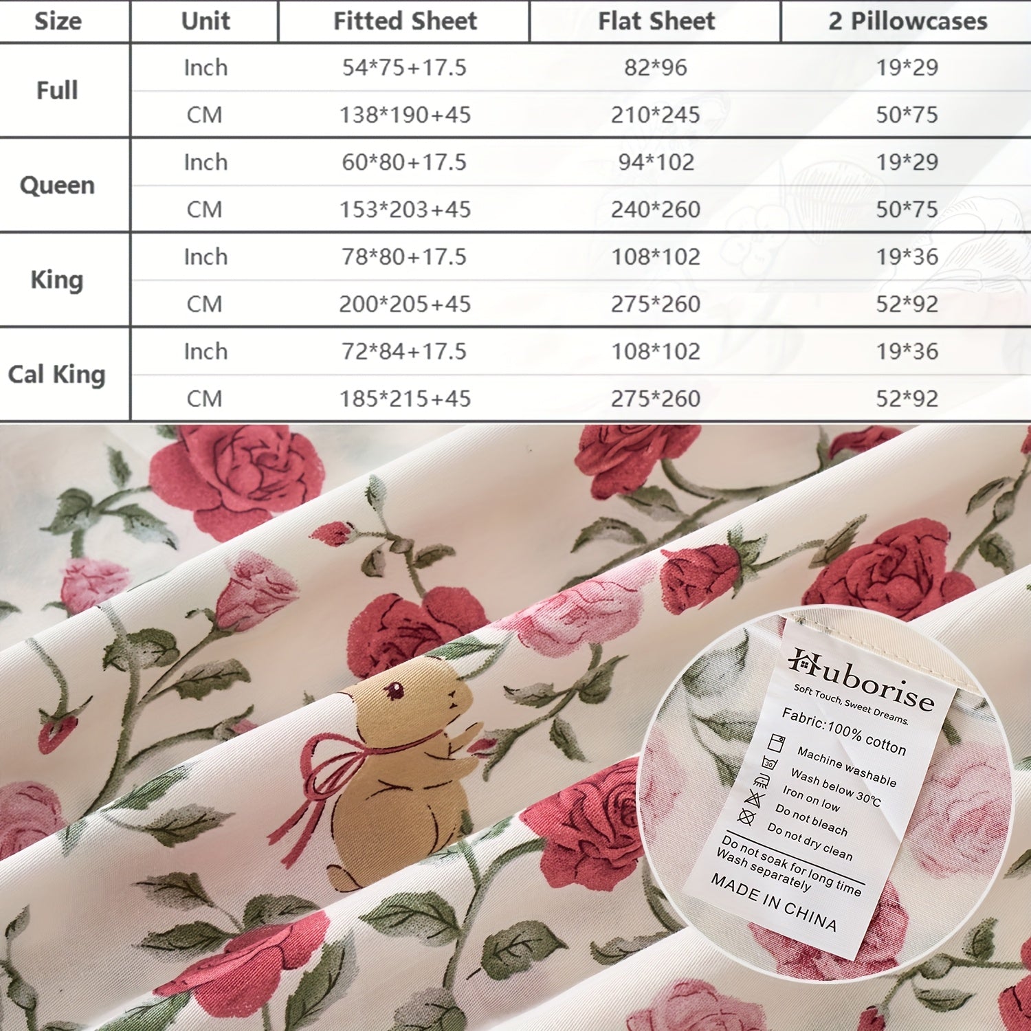 Huborise Rose Floral Bed Sheets Set 100% Cotton Pink Percale Sheets Shabby Vintage Cute Flower Patterned Sheets, Soft & Breathable Coquette Bedding, Deep Pocket Fitted Sheet 17.5\