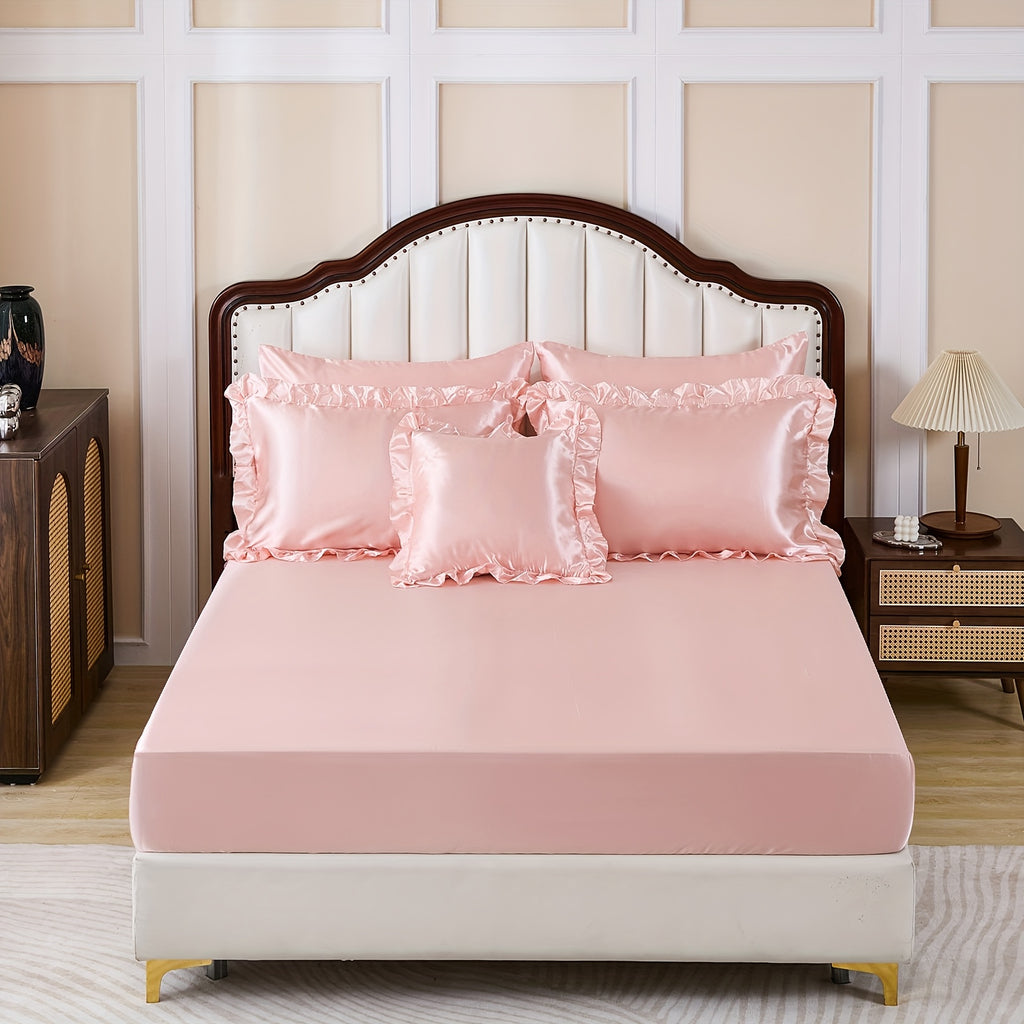 Pink Silky Comforter Set, Queen Size 8pcs Grid Pleated Ruffle Silky Like Bed In A Bag Bedding