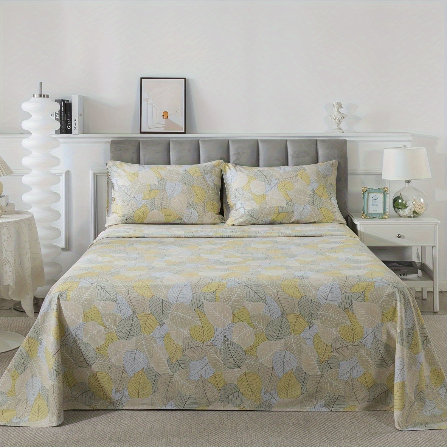 Queen\u002FKing Sheets Set Percale Brushed Cotton Green Bed Sheets Deep Pocket Fitted Sheet, Luxury Vintage Foliage Pattern Shabby Bedding For All Season, Super Soft Breathable