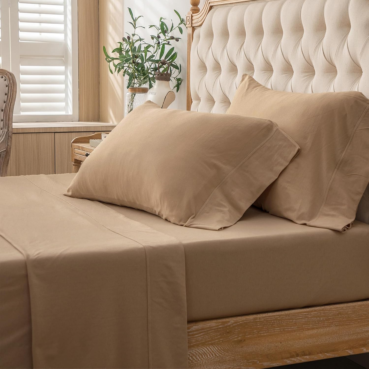 4-Piece Jersey Knit Fitted Sheet Set ( 1*Deep Pocket Flat Sheet + 1* Fitted Sheet + 2*Pillowcases, Without Core) - 100% T-Shirt Cotton,, Ultra-Soft .Machine Washable,Breathable, Comfortable, For Bedroom, Guest Room (Q\u002FK