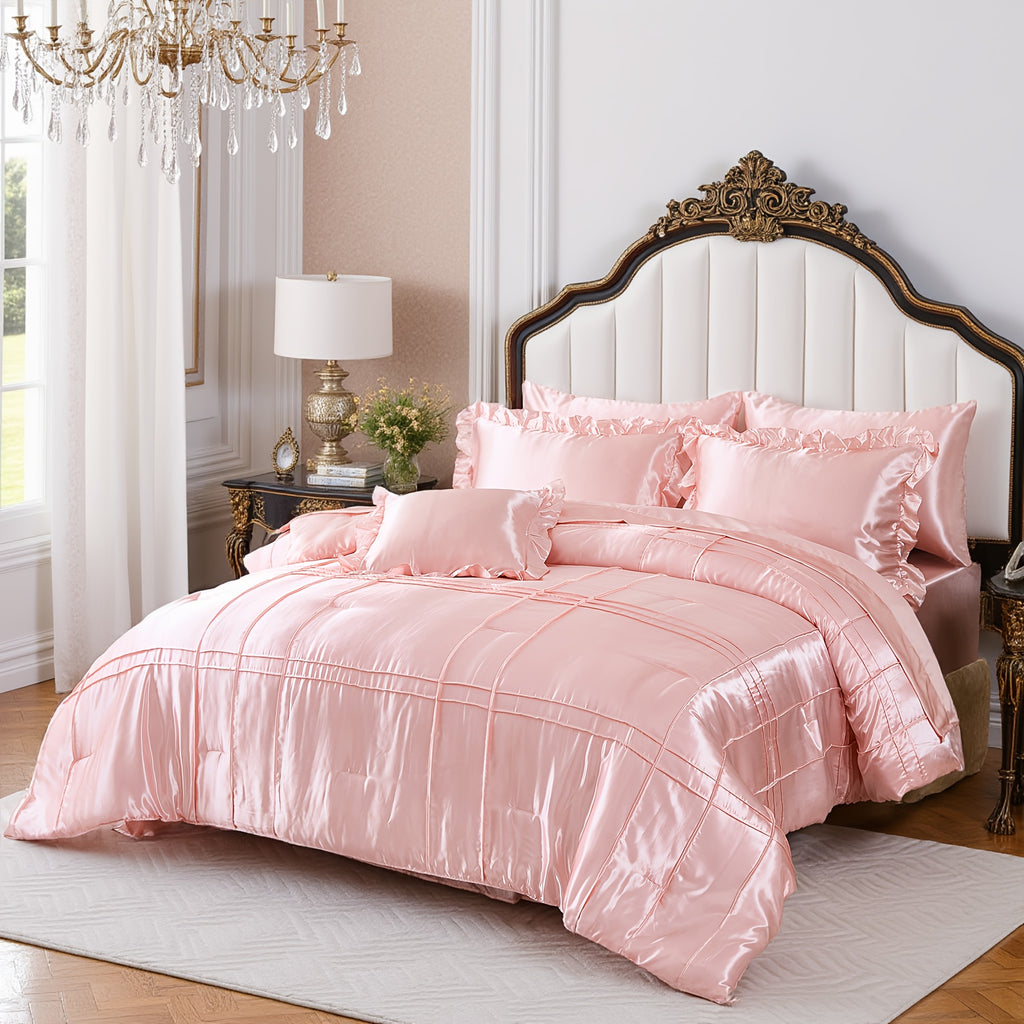 Pink Silky Comforter Set, Queen Size 8pcs Grid Pleated Ruffle Silky Like Bed In A Bag Bedding