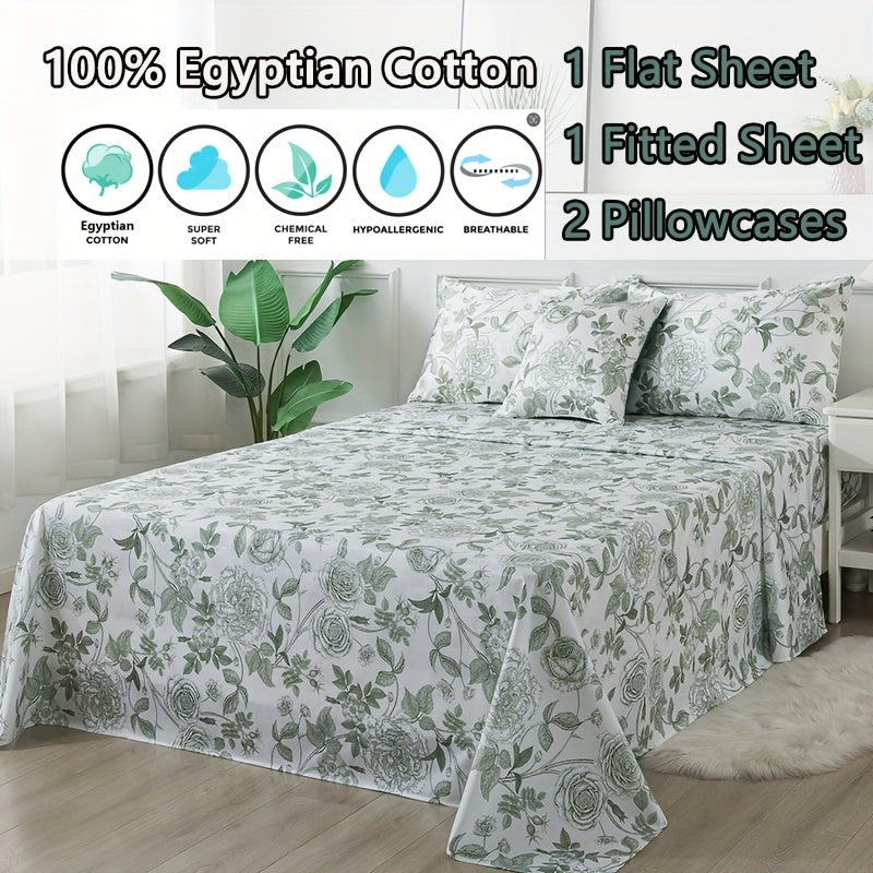 Elegant Peony Floral 4pcs Bedding Set - Soft & Breathable 100% Egyptian Cotton, Deep Pocket Fitted Sheet and Pillowcases (1 Flat Sheet + 2 Pillowcases) - Vintage White & Green, Perfect for All Seasons, Machine Washable, Twin Size