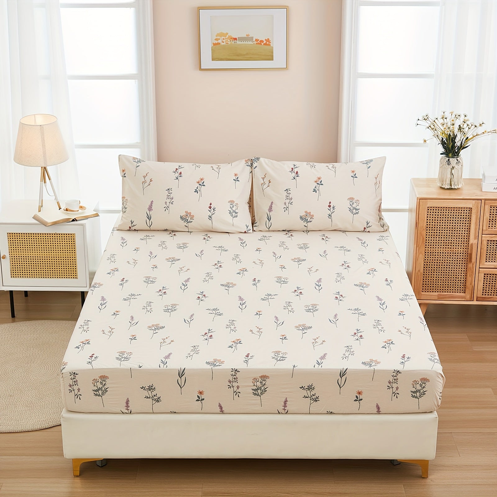 Floral Fitted Sheet Premium 100% Bedding Farmhouse Flowers Sheets 3pcs Shrinkage And Fade Resistant Deep Pockets Sheet No Flat Sheet