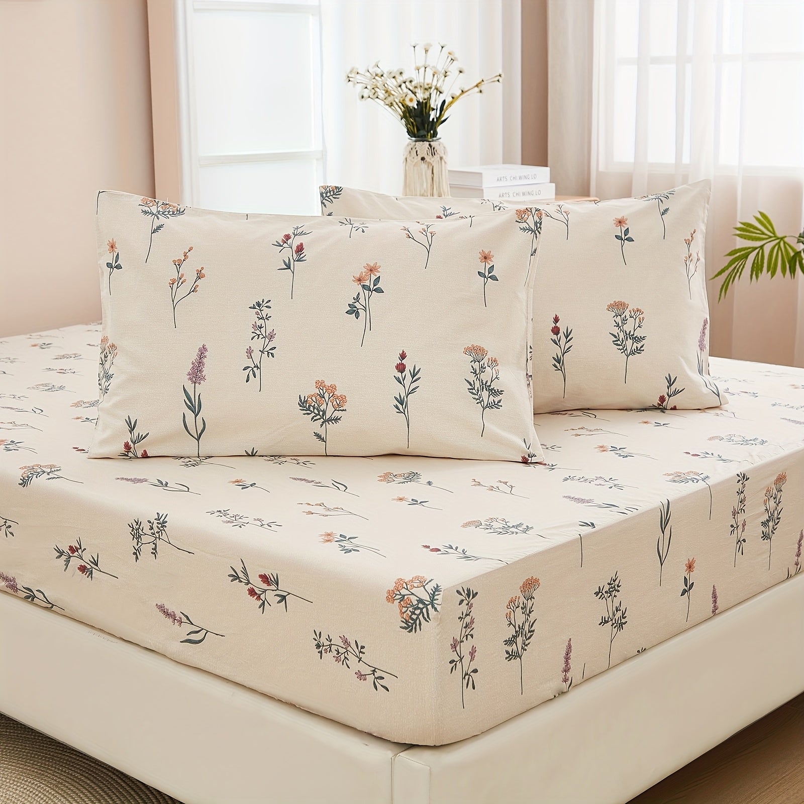 Floral Fitted Sheet Premium 100% Bedding Farmhouse Flowers Sheets 3pcs Shrinkage And Fade Resistant Deep Pockets Sheet No Flat Sheet