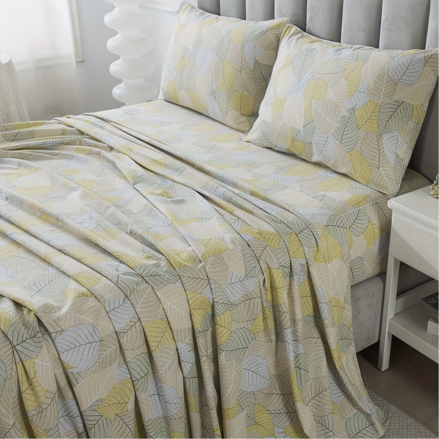 Queen\u002FKing Sheets Set Percale Brushed Cotton Green Bed Sheets Deep Pocket Fitted Sheet, Luxury Vintage Foliage Pattern Shabby Bedding For All Season, Super Soft Breathable