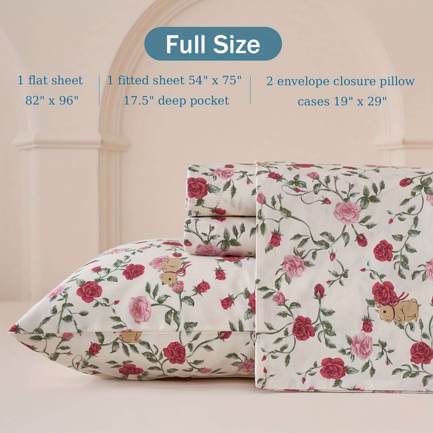 Huborise Rose Floral Bed Sheets Set 100% Cotton Pink Percale Sheets Shabby Vintage Cute Flower Patterned Sheets, Soft & Breathable Coquette Bedding, Deep Pocket Fitted Sheet 17.5\