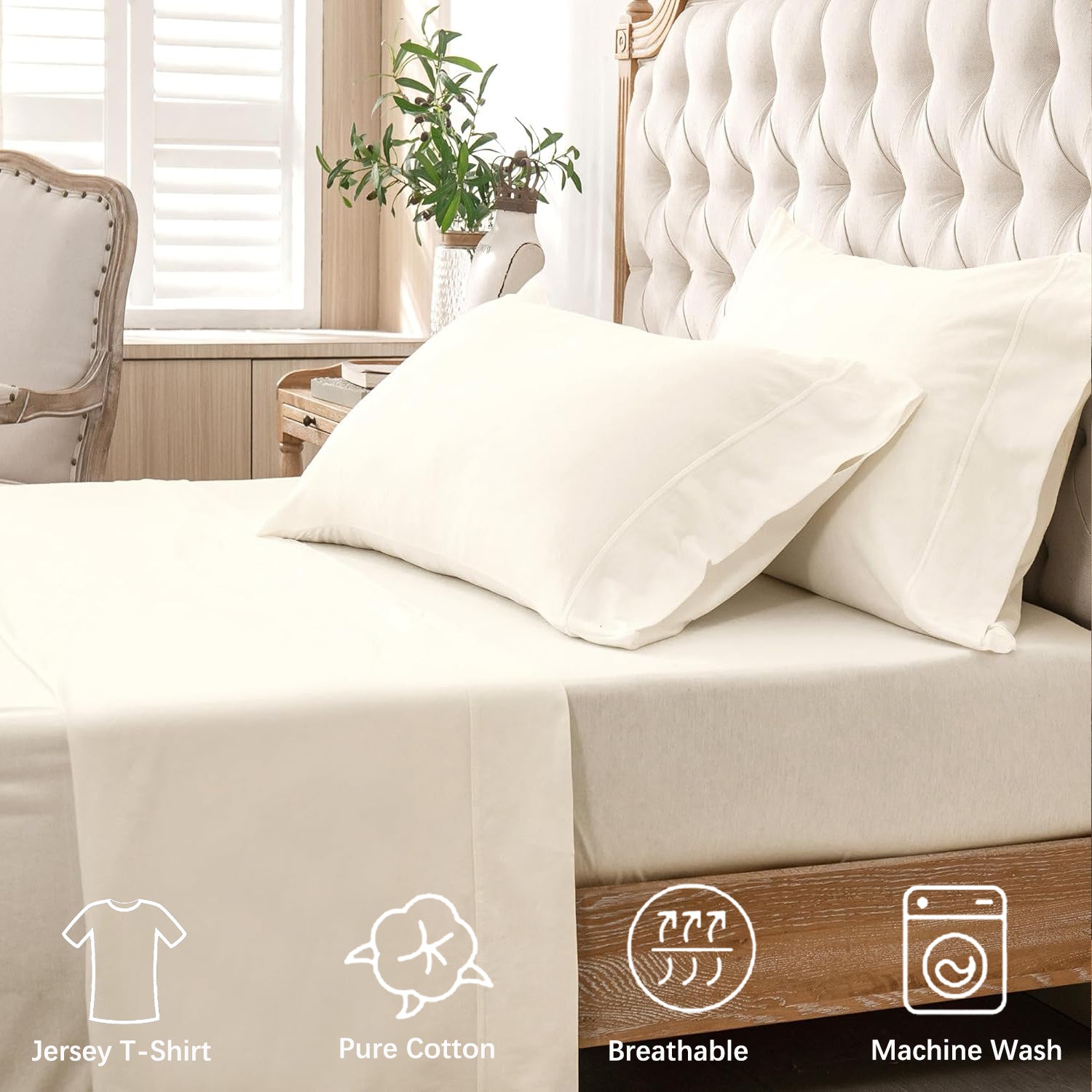 4-Piece Jersey Knit Fitted Sheet Set ( 1*Deep Pocket Flat Sheet + 1* Fitted Sheet + 2*Pillowcases, Without Core) - 100% T-Shirt Cotton,, Ultra-Soft .Machine Washable,Breathable, Comfortable, For Bedroom, Guest Room (Q\u002FK