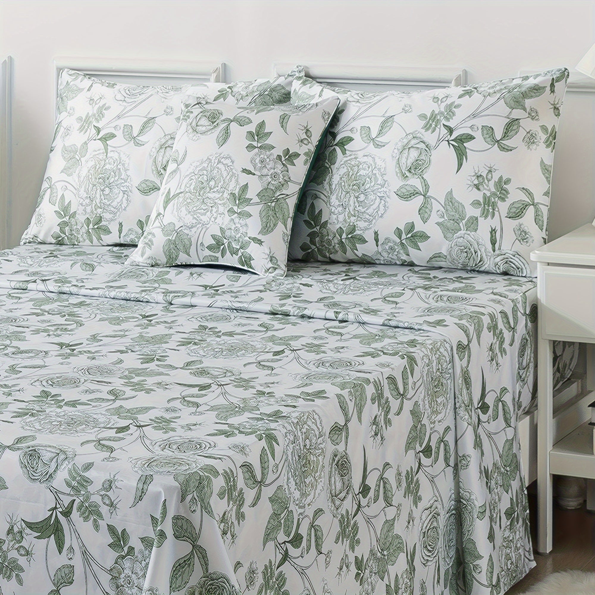 Elegant Peony Floral 4pcs Bedding Set - Soft & Breathable 100% Egyptian Cotton, Deep Pocket Fitted Sheet and Pillowcases (1 Flat Sheet + 2 Pillowcases) - Vintage White & Green, Perfect for All Seasons, Machine Washable, Twin Size