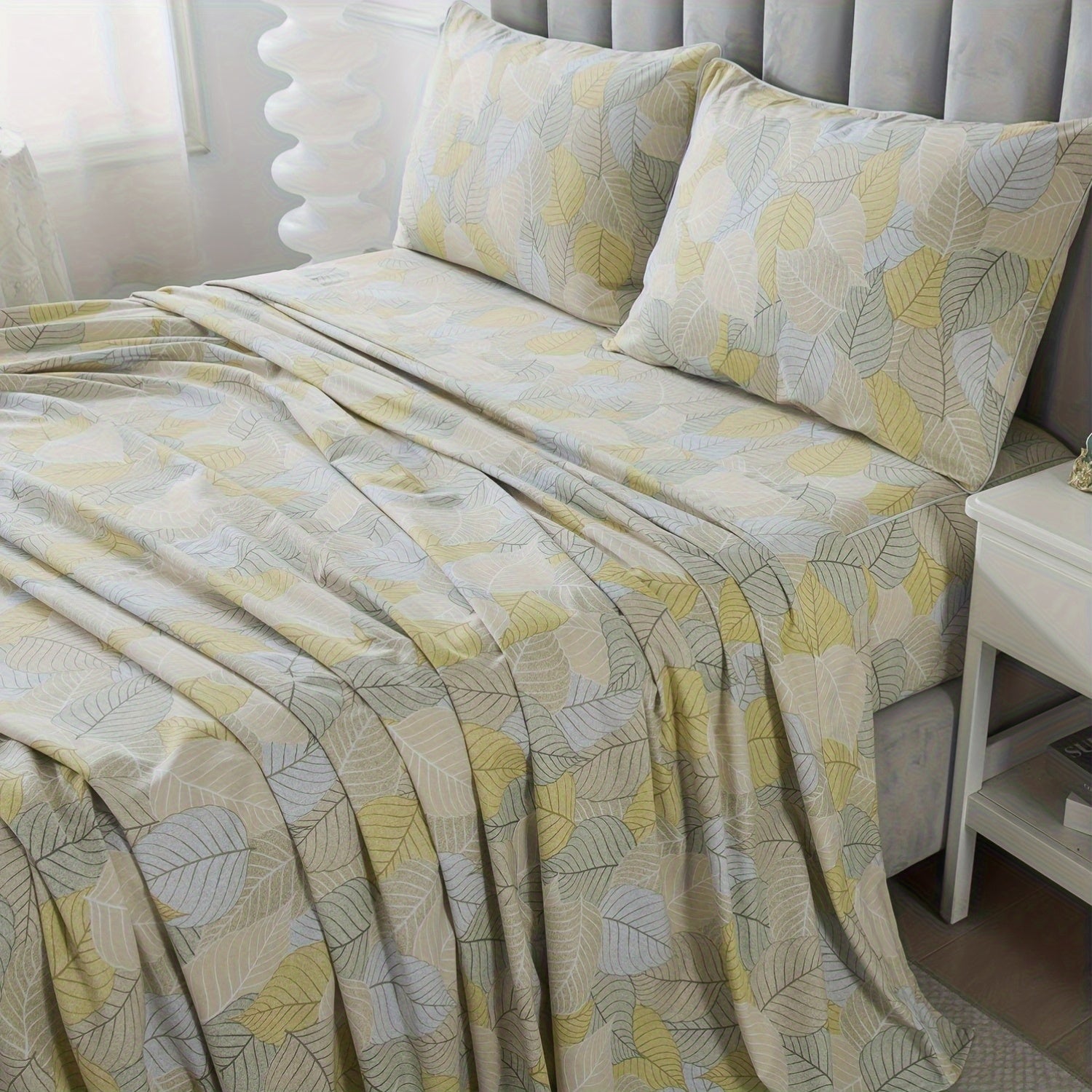 Queen\u002FKing Sheets Set Percale Brushed Cotton Green Bed Sheets Deep Pocket Fitted Sheet, Luxury Vintage Foliage Pattern Shabby Bedding For All Season, Super Soft Breathable