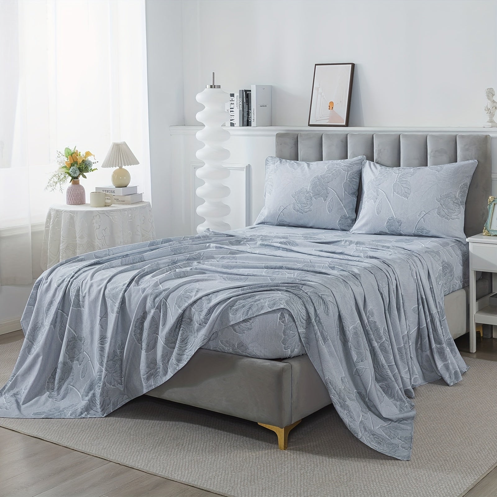 Grey Vintage Floral Sheets Set 100% Brushed Cotton Shabby Rose Flower Pattern Bedding Set Deep Pocket Sheets With 2 Pillowcases Luxury Breathable Soft 4pcs