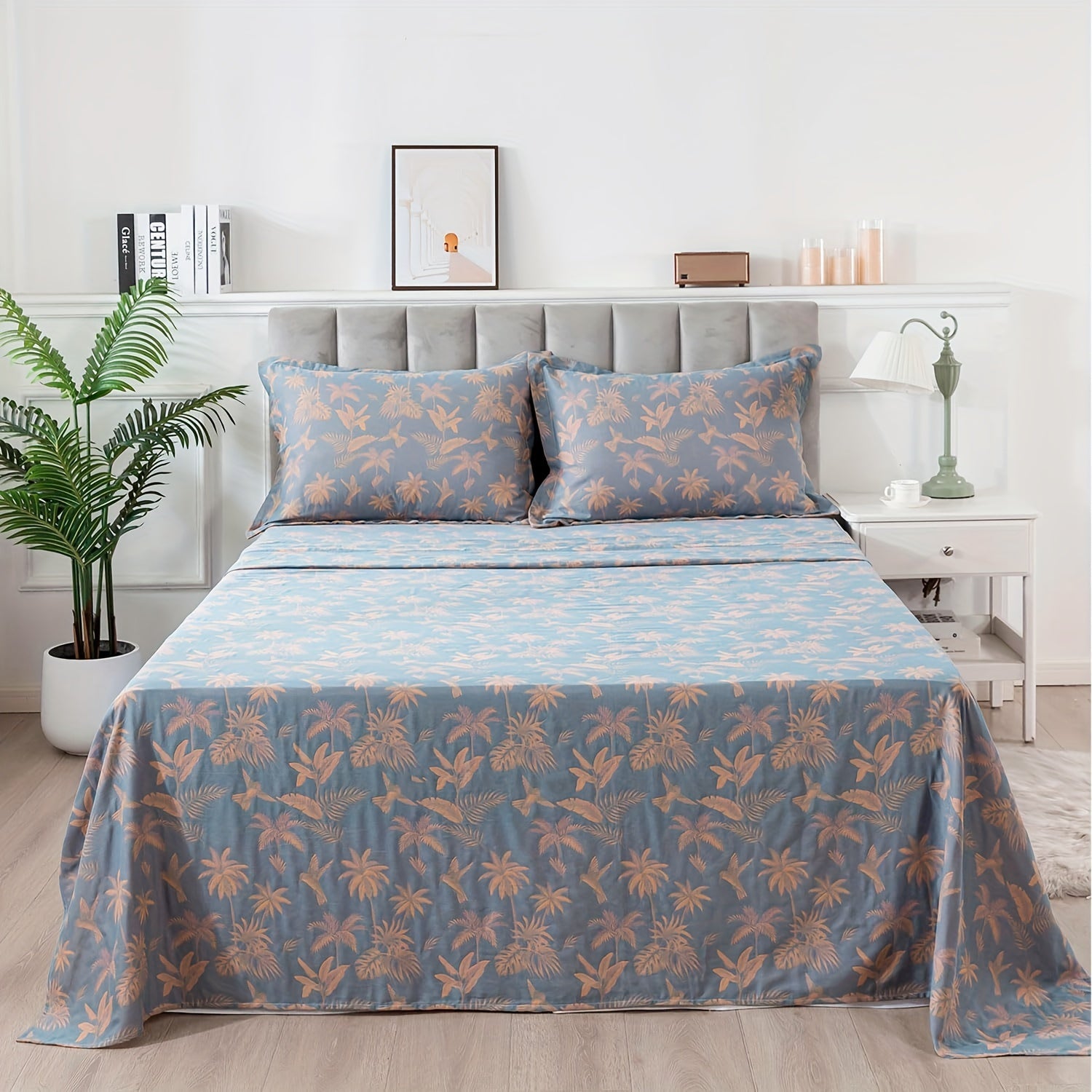 100% Cotton Double Gauze Floral Sheets Set Dirty Blue Tropical Bird Bed Sheet Shabby Vintage Bedding Orange Coconut Tree Printed Deep Pocket Sheets Luxury Soft Breathable, 4pcs