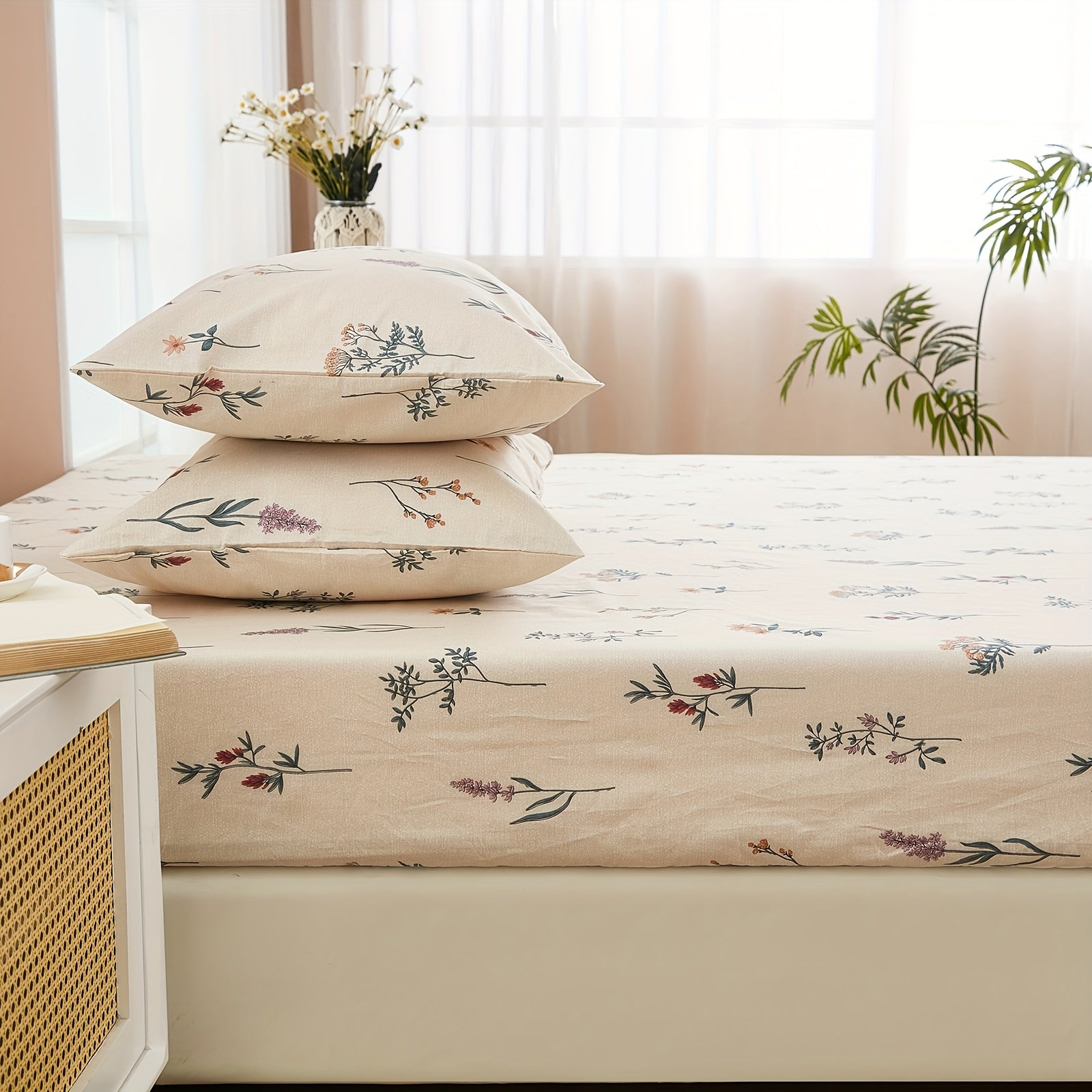 Floral Fitted Sheet Premium 100% Bedding Farmhouse Flowers Sheets 3pcs Shrinkage And Fade Resistant Deep Pockets Sheet No Flat Sheet