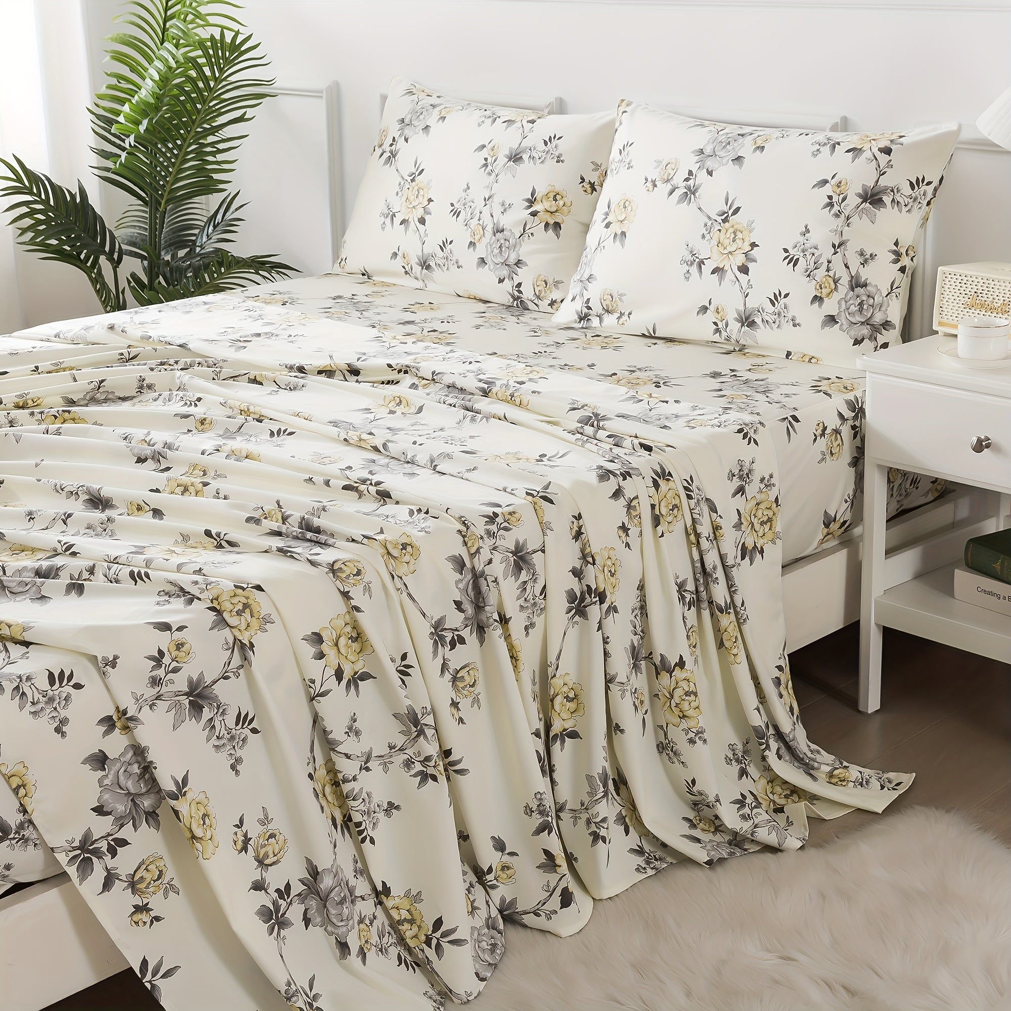 4pcs Floral Sheets Set Vintage Rose Floral Bedding Shabby Grey and Yellow Peony Sheets Elegant Farmhouse Bedding 800 Thread Count 100% Egyptian Soft Deep Pocket Fitted Sheet High Quality All Season