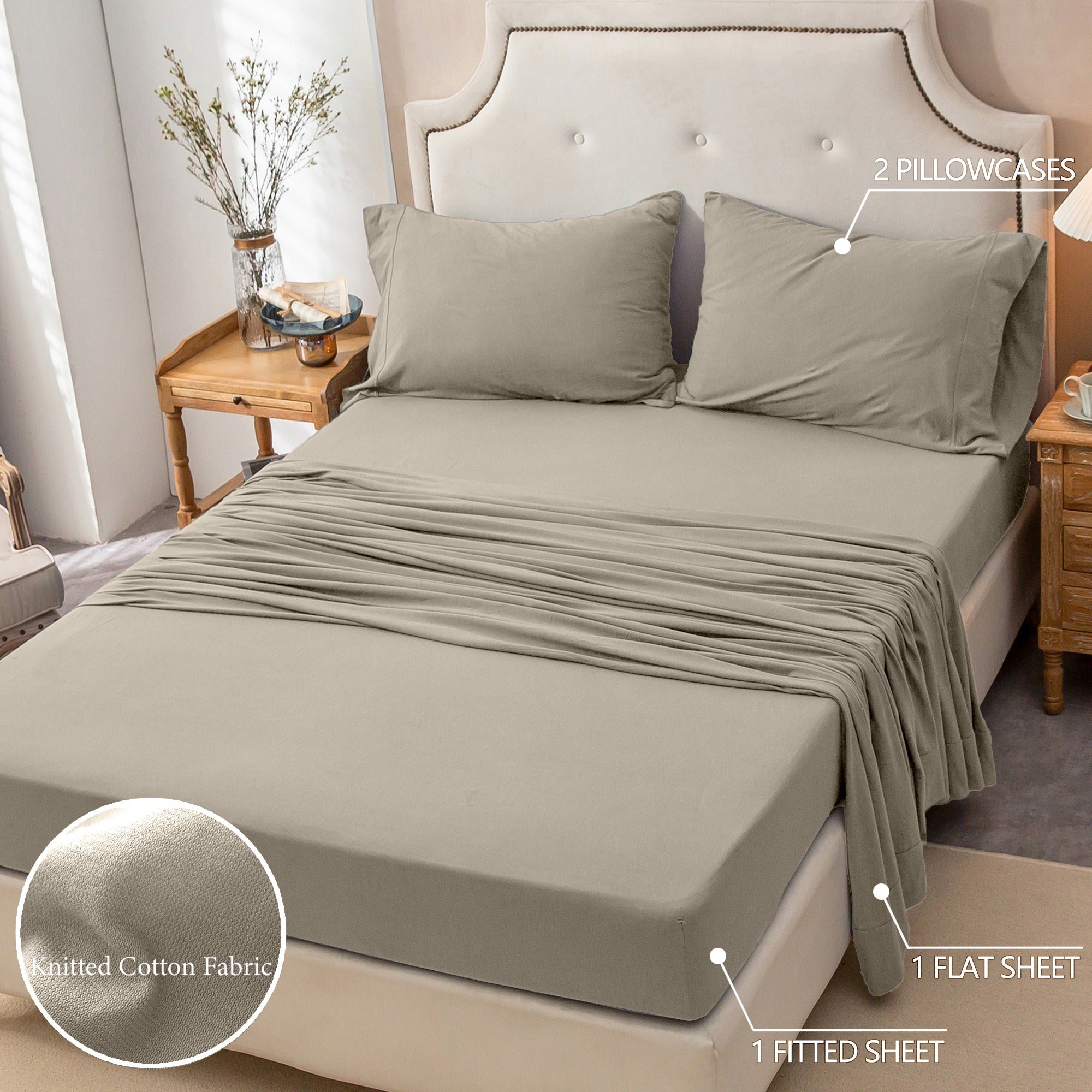 4-Piece Jersey Knit Fitted Sheet Set ( 1*Deep Pocket Flat Sheet + 1* Fitted Sheet + 2*Pillowcases, Without Core) - 100% T-Shirt Cotton,, Ultra-Soft .Machine Washable,Breathable, Comfortable, For Bedroom, Guest Room (Q\u002FK