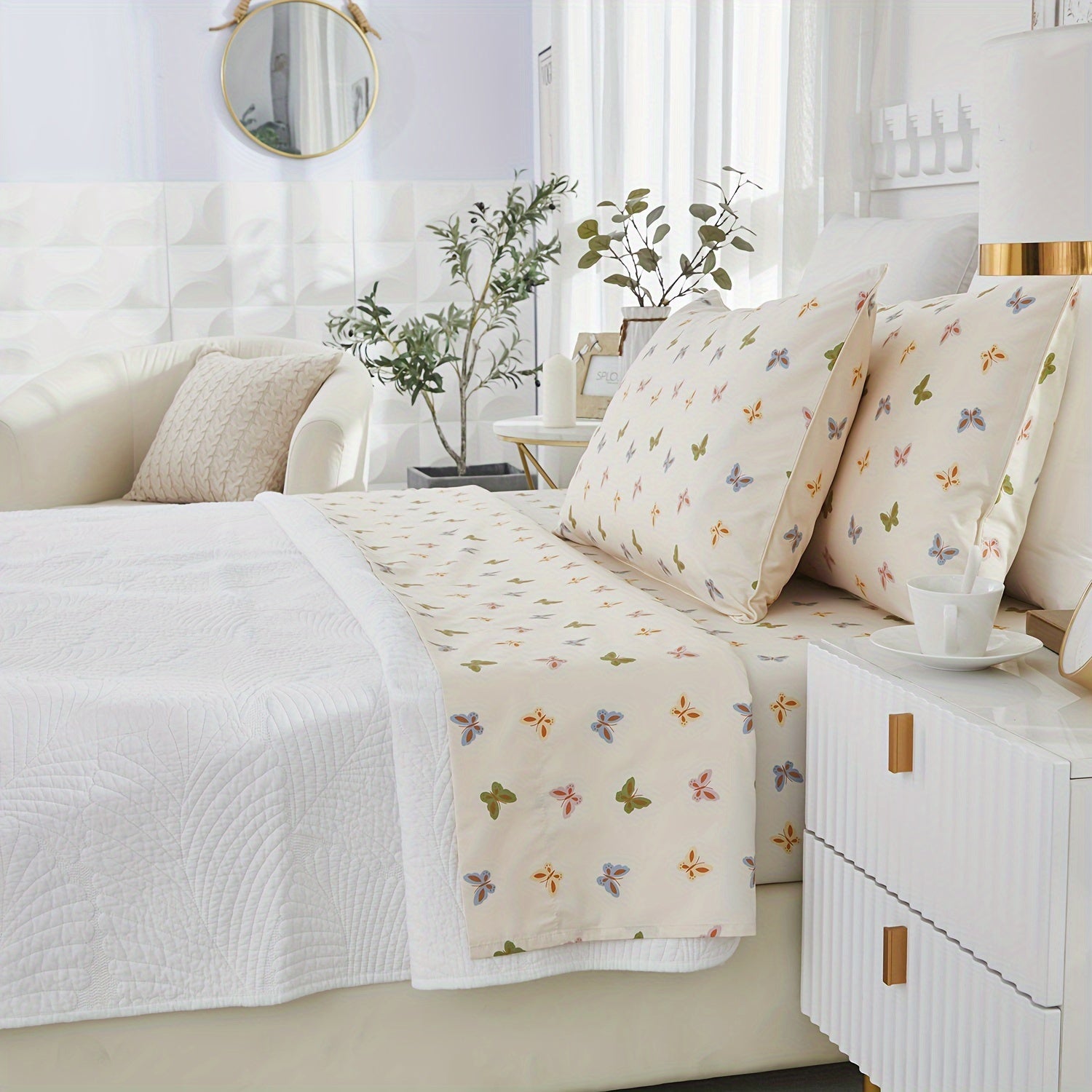 4pcs 600TC 100% Egyptian Cotton Fitted Sheet Set (1*Fitted Sheet+1*Flat Sheet+2*Pillowcase, Without Core), Luxury Colorful Butterfly Shabby Chic Bedding Set, For Guest Room Student Dorm All Seasons