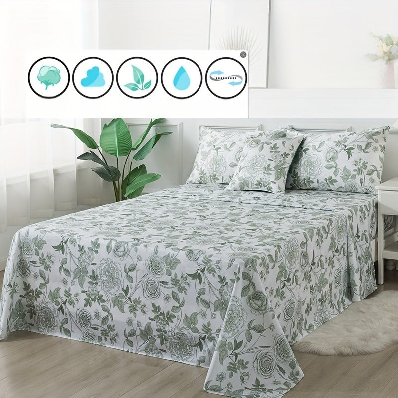 Elegant Peony Floral 4pcs Bedding Set - Soft & Breathable 100% Egyptian Cotton, Deep Pocket Fitted Sheet and Pillowcases (1 Flat Sheet + 2 Pillowcases) - Vintage White & Green, Perfect for All Seasons, Machine Washable, Twin Size