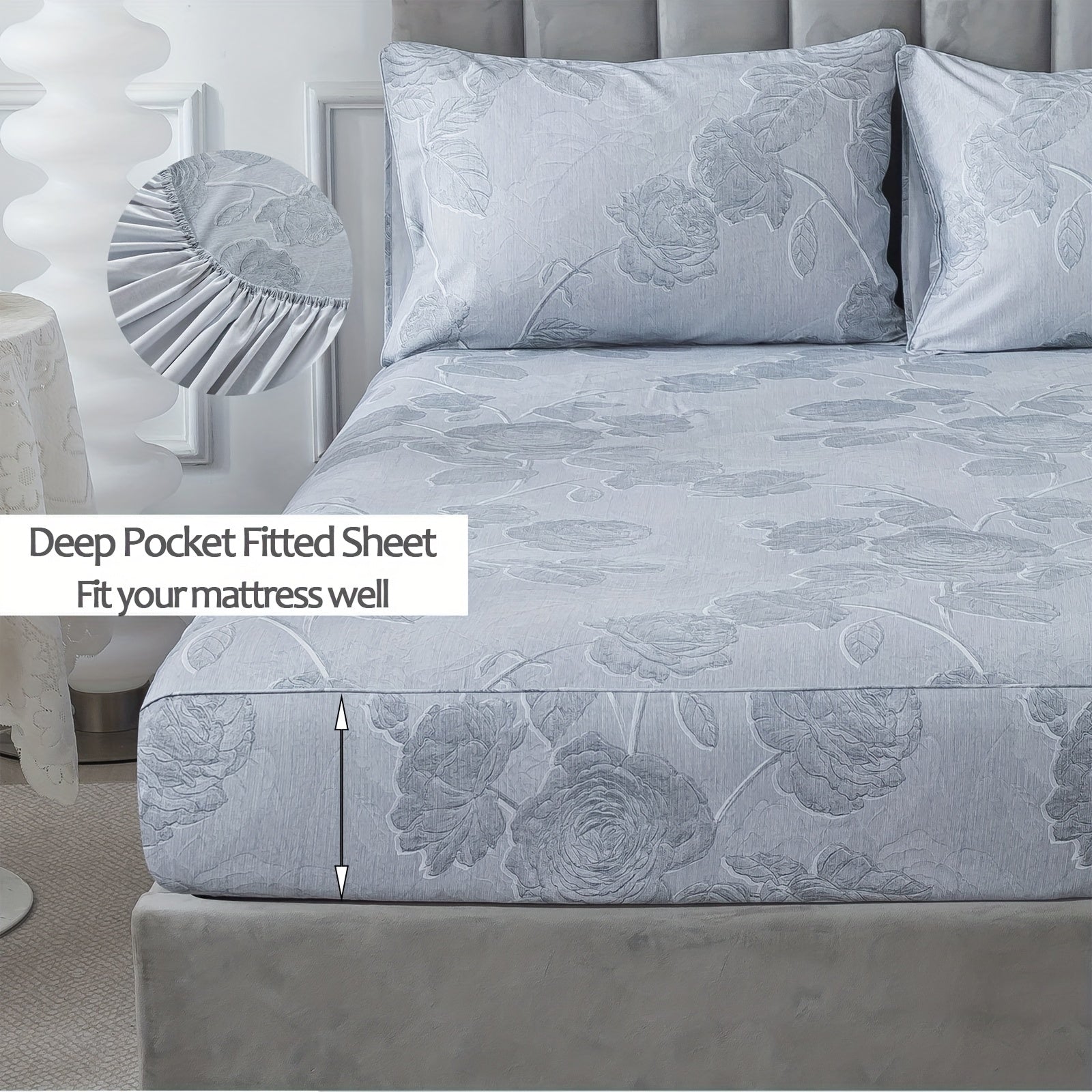 Grey Vintage Floral Sheets Set 100% Brushed Cotton Shabby Rose Flower Pattern Bedding Set Deep Pocket Sheets With 2 Pillowcases Luxury Breathable Soft 4pcs