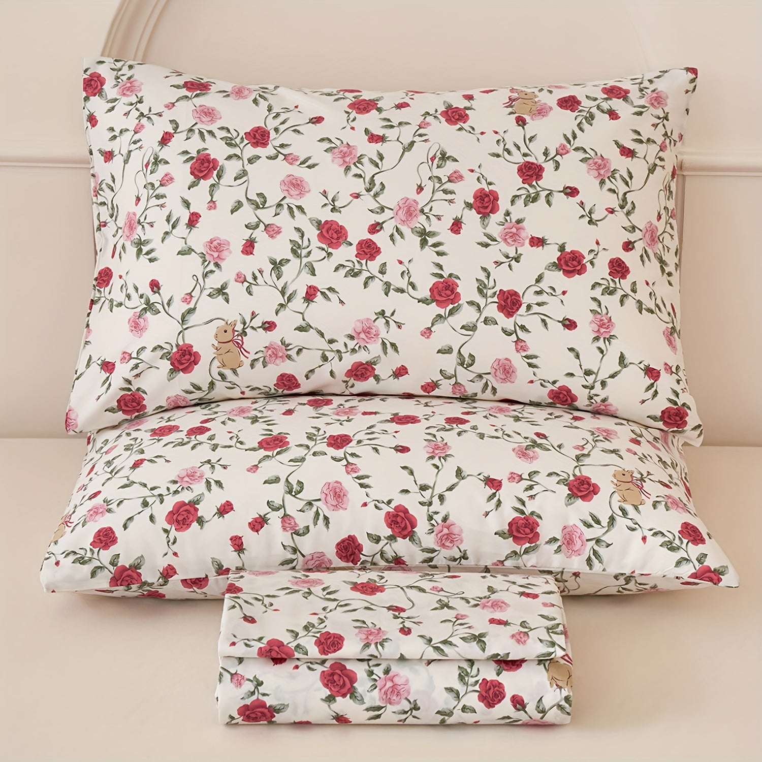 Huborise Rose Floral Bed Sheets Set 100% Cotton Pink Percale Sheets Shabby Vintage Cute Flower Patterned Sheets, Soft & Breathable Coquette Bedding, Deep Pocket Fitted Sheet 17.5\