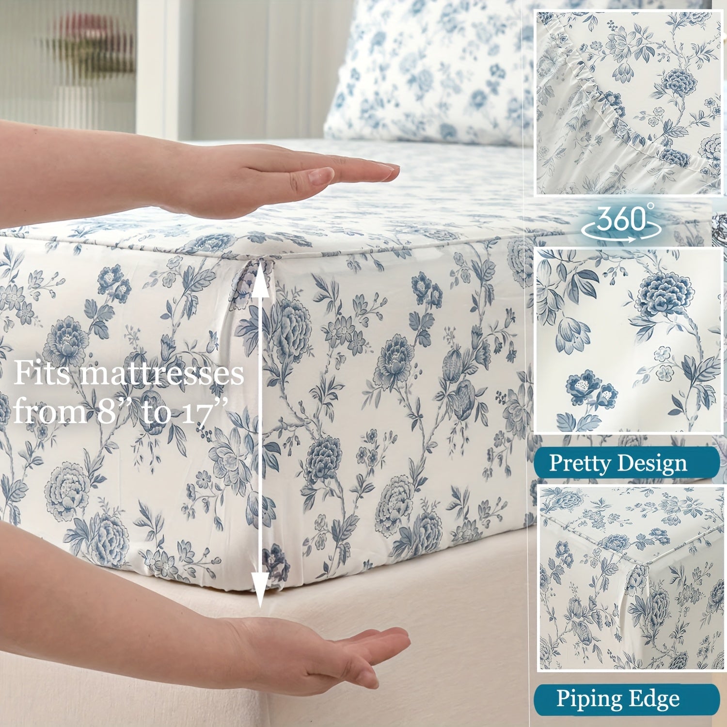 Zusbest 4pcs 100% Cotton Floral Bed Sheets Set Cotton Luxury toile Sheets Light Blue French Country Bedding, Soft Crisp, Flower Pattern Shabby Vintage Deep Pocket Fitted Sheet 17.5'' for All Season, Full\u002FQueen\u002FKing\u002FCal King