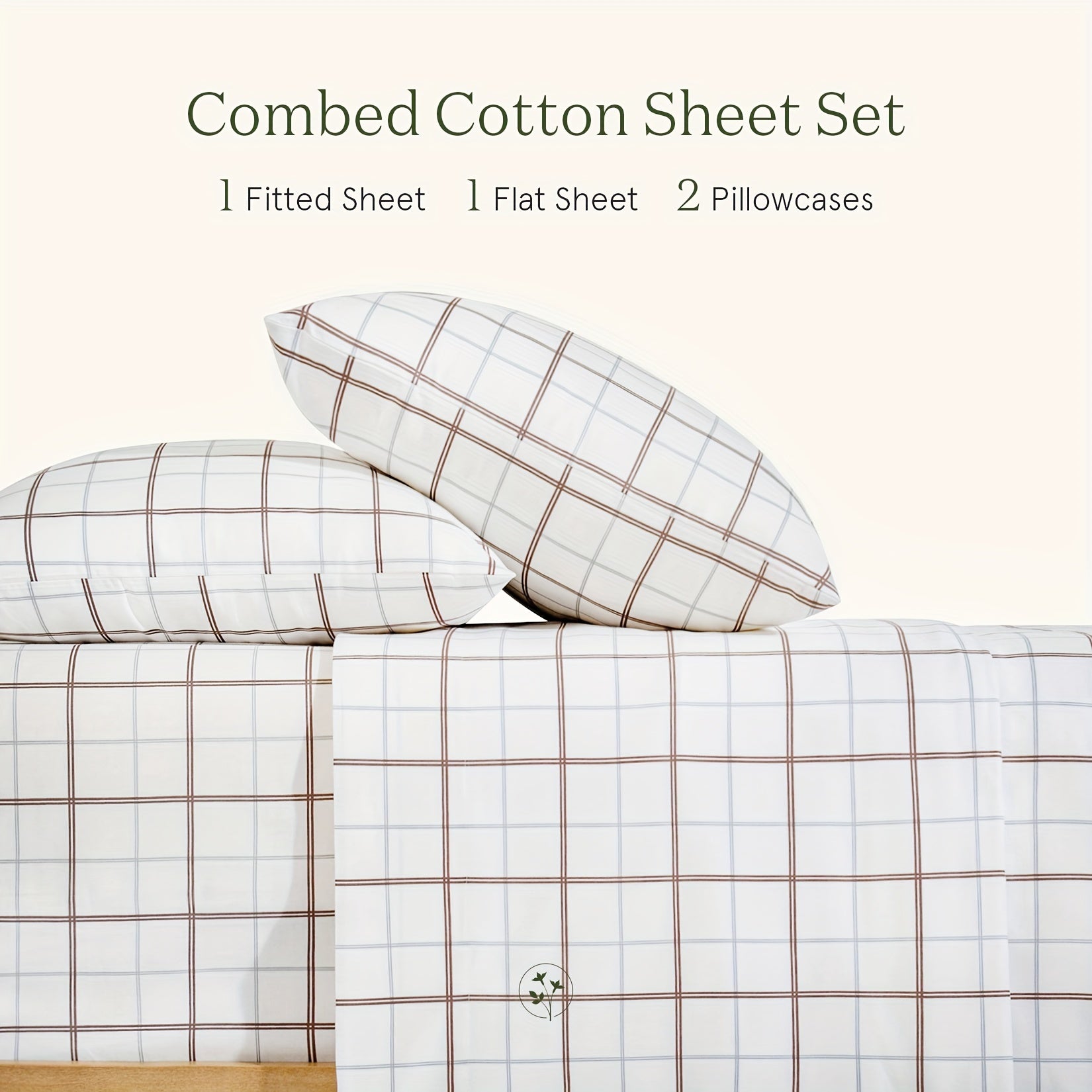 200TC Hotel Luxury Taupe Plaid Queen\u002FKing Size Sheet Set, 100% Combed Cotton Sheets, 15\