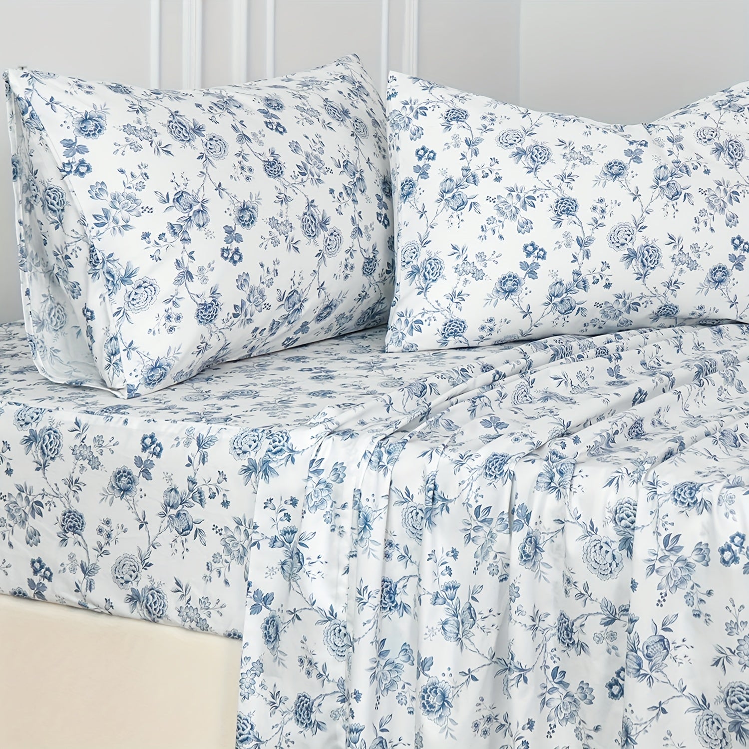 Zusbest 4pcs 100% Cotton Floral Bed Sheets Set Cotton Luxury toile Sheets Light Blue French Country Bedding, Soft Crisp, Flower Pattern Shabby Vintage Deep Pocket Fitted Sheet 17.5'' for All Season, Full\u002FQueen\u002FKing\u002FCal King