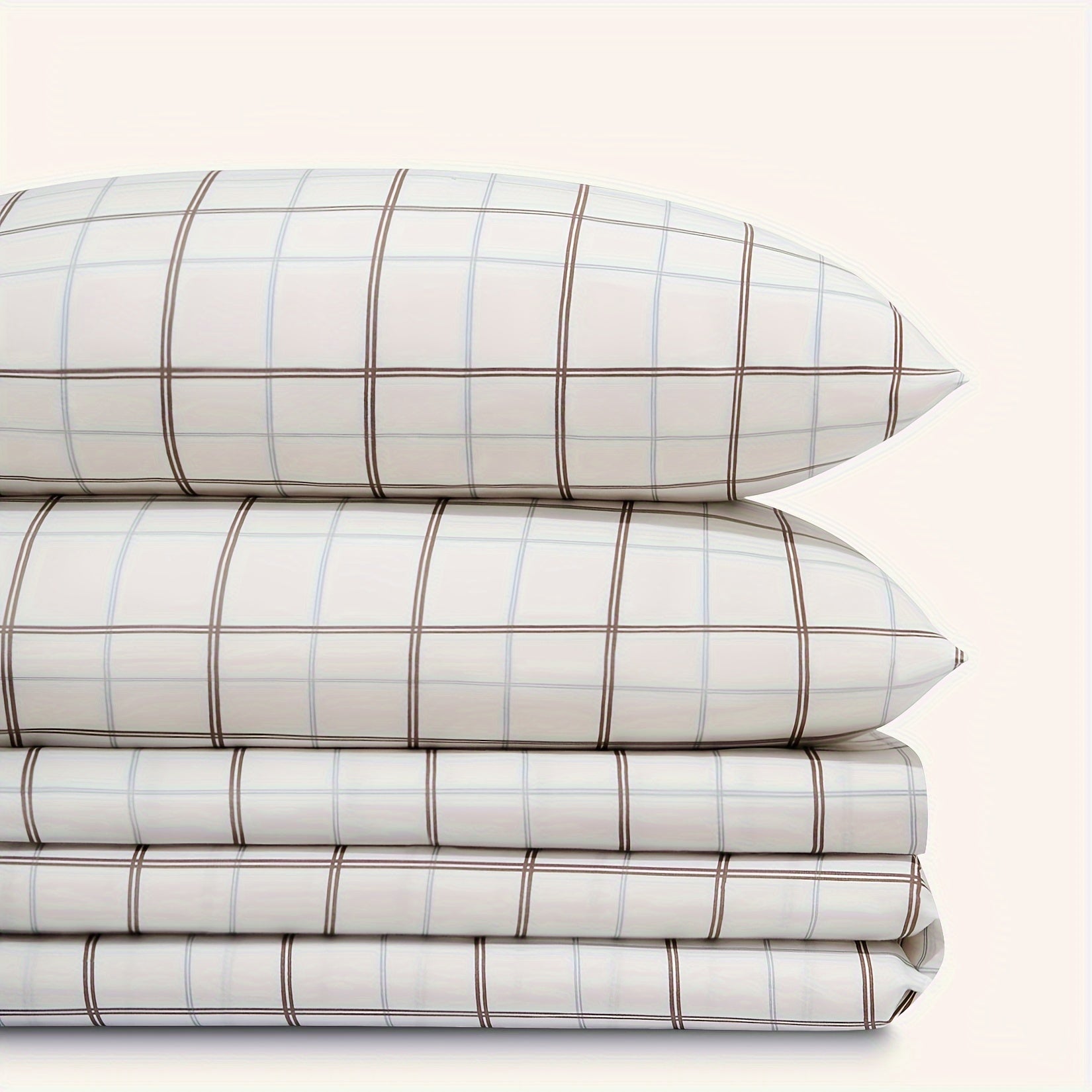 200TC Hotel Luxury Taupe Plaid Queen\u002FKing Size Sheet Set, 100% Combed Cotton Sheets, 15\