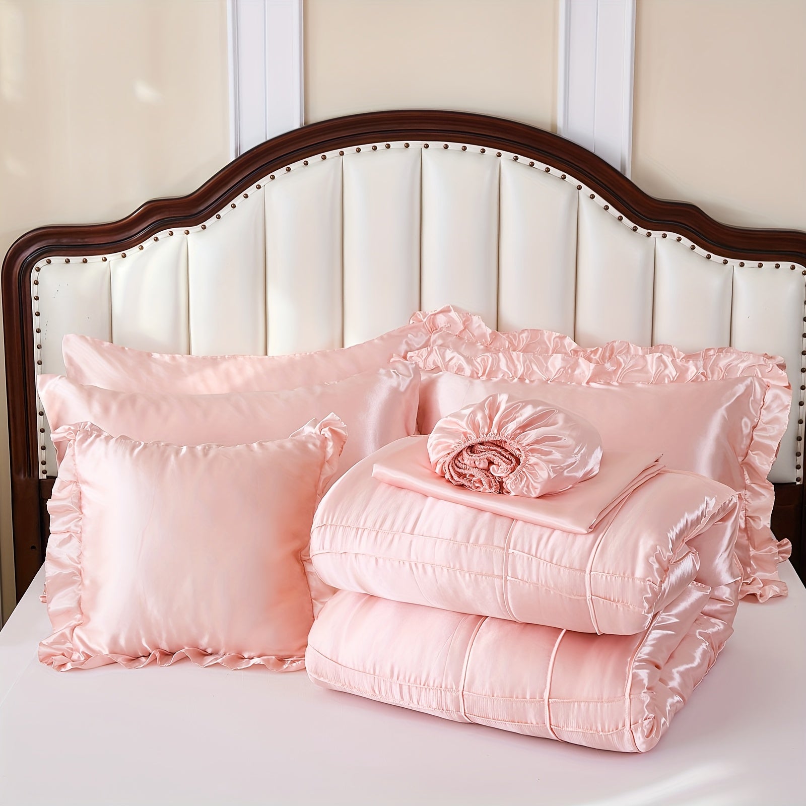 Pink Silky Comforter Set, Queen Size 8pcs Grid Pleated Ruffle Silky Like Bed In A Bag Bedding