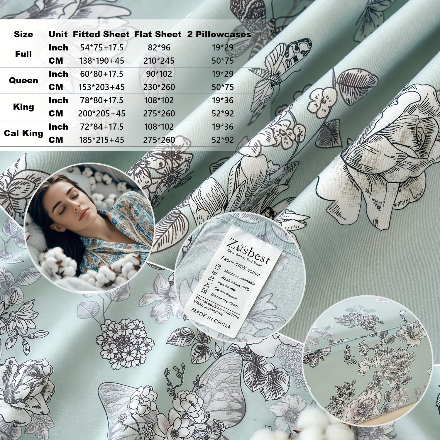 Zusbest 4pcs 100% Cotton Floral Bed Sheets Set Cotton Luxury Toile Sheets Light Green French Country Bedding, Soft Crisp, Butterfly Pattern Shabby Vintage Deep Pocket Fitted Sheet 17.5'' for All Season, Full\u002FQueen\u002FKing\u002FCal King