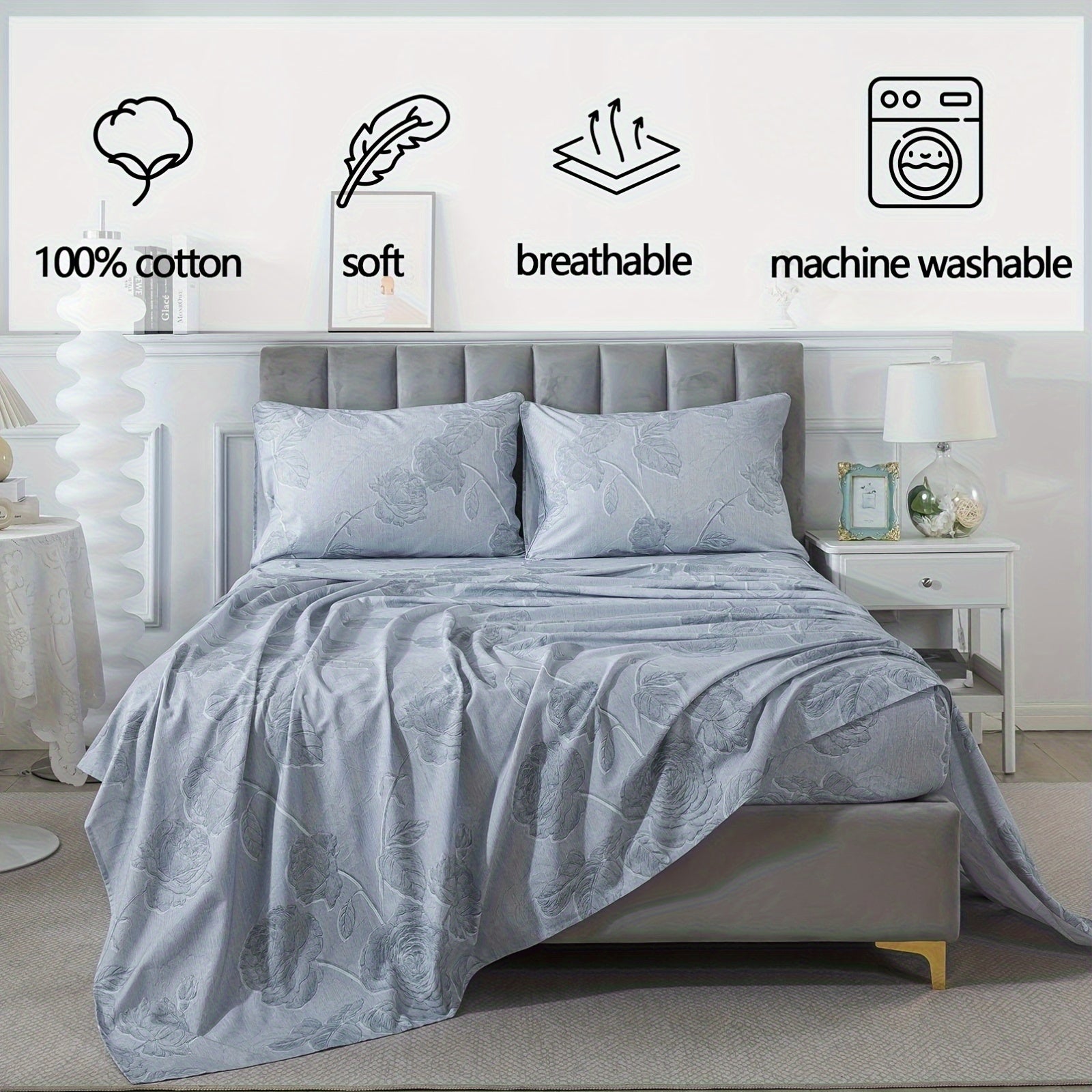 Grey Vintage Floral Sheets Set 100% Brushed Cotton Shabby Rose Flower Pattern Bedding Set Deep Pocket Sheets With 2 Pillowcases Luxury Breathable Soft 4pcs