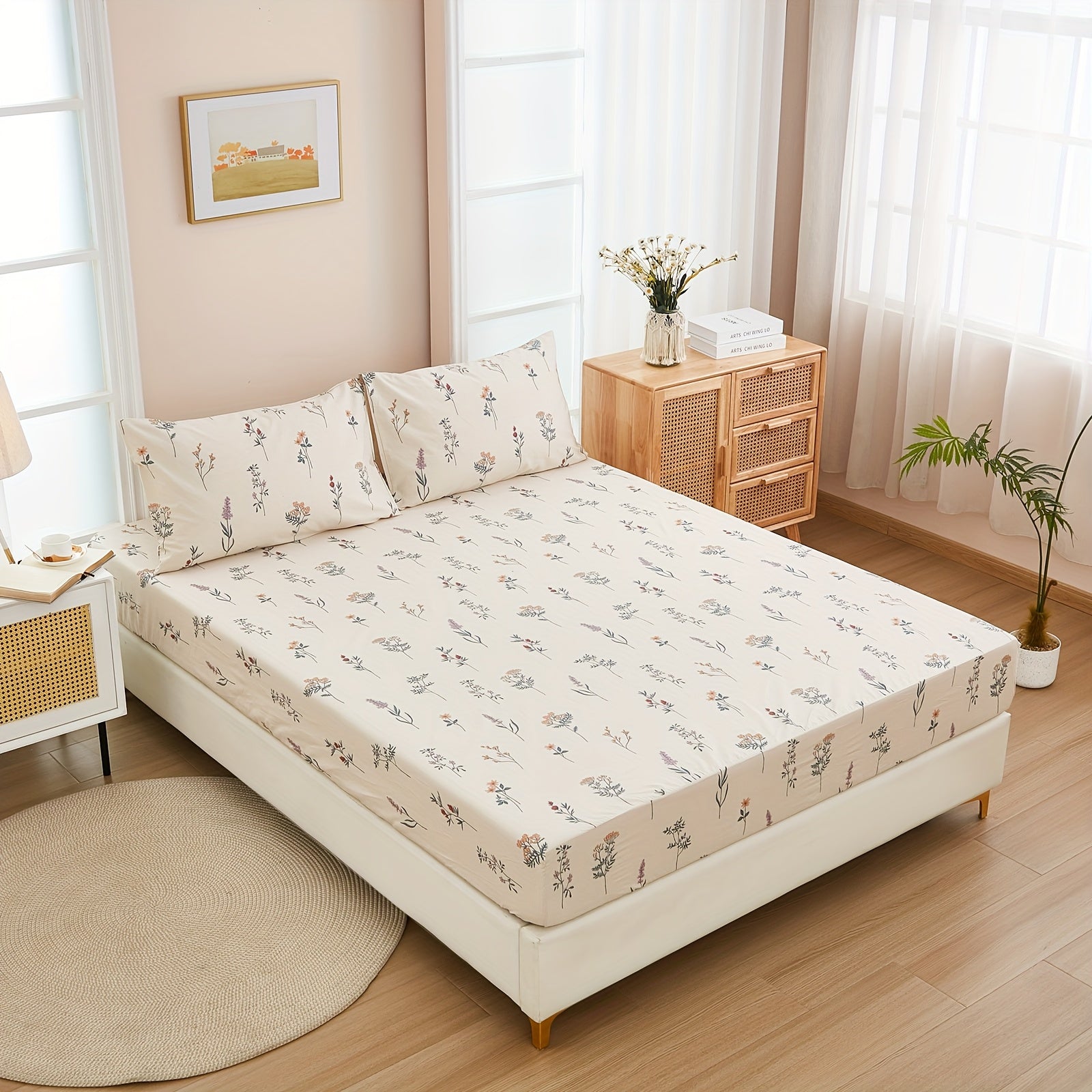 Floral Fitted Sheet Premium 100% Bedding Farmhouse Flowers Sheets 3pcs Shrinkage And Fade Resistant Deep Pockets Sheet No Flat Sheet